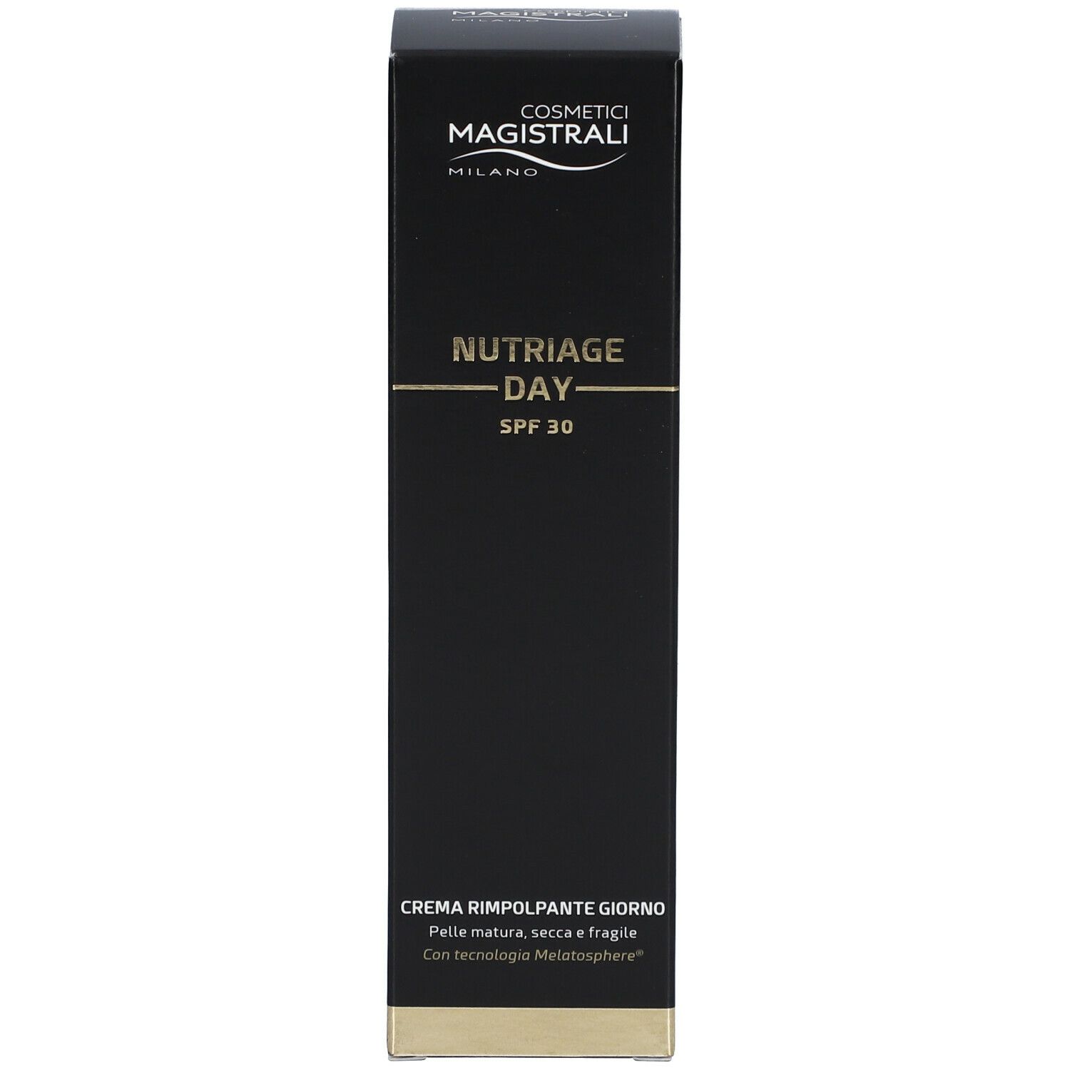 Confezione nera con nome del prodotto e logo. Scritta: Nutriage Day SPF 30. Crema giorno.