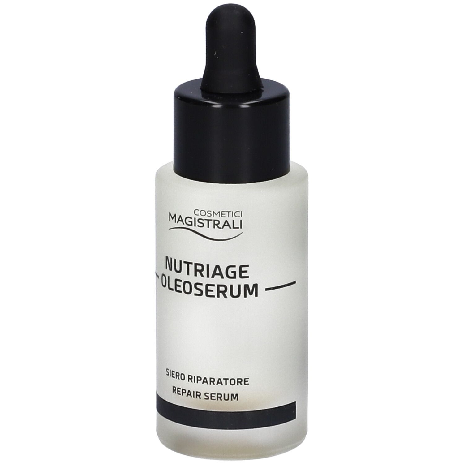 Kleine, runde Flasche mit schwarzem Deckel und Pipette. Aufschrift: COSMETICI MAGISTRALI, NUTRIAGE OLEOSERUM, SIERO RIPARATORE, REPAIR SERUM.