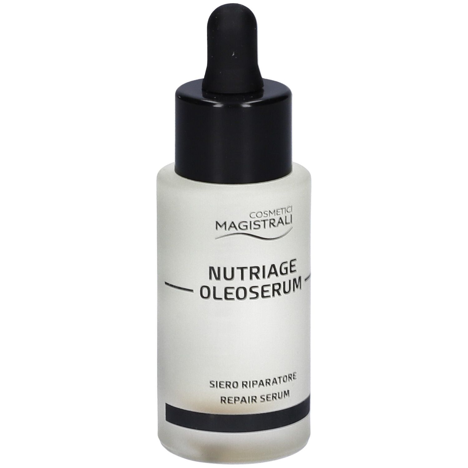 Kleine, runde Flasche mit schwarzem Deckel und Pipette. Aufschrift: COSMETICI MAGISTRALI, NUTRIAGE OLEOSERUM, SIERO RIPARATORE, REPAIR SERUM.