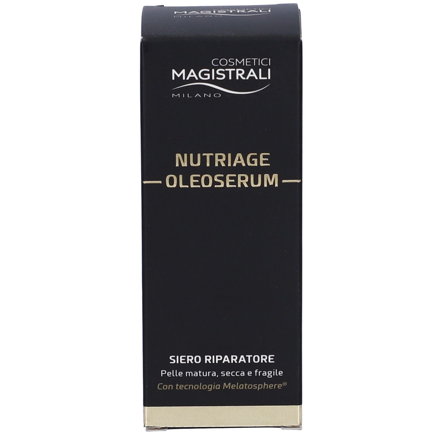 Schwarze Verpackung mit Produktnamen und Logo. Aufschrift: COSMETICI MAGISTRALI, NUTRIAGE OLEOSERUM, SIERO RIPARATORE.