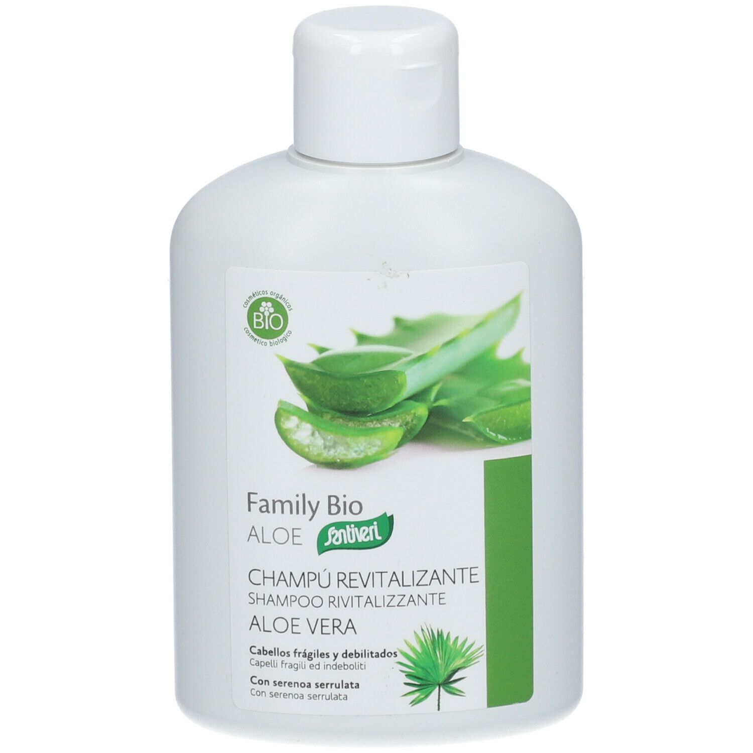 Flacone bianco con etichetta verde. Illustrazione aloe vera, scritta Family Bio, Shampoo Rivitalizzante Aloe Vera. Sigillo bio.