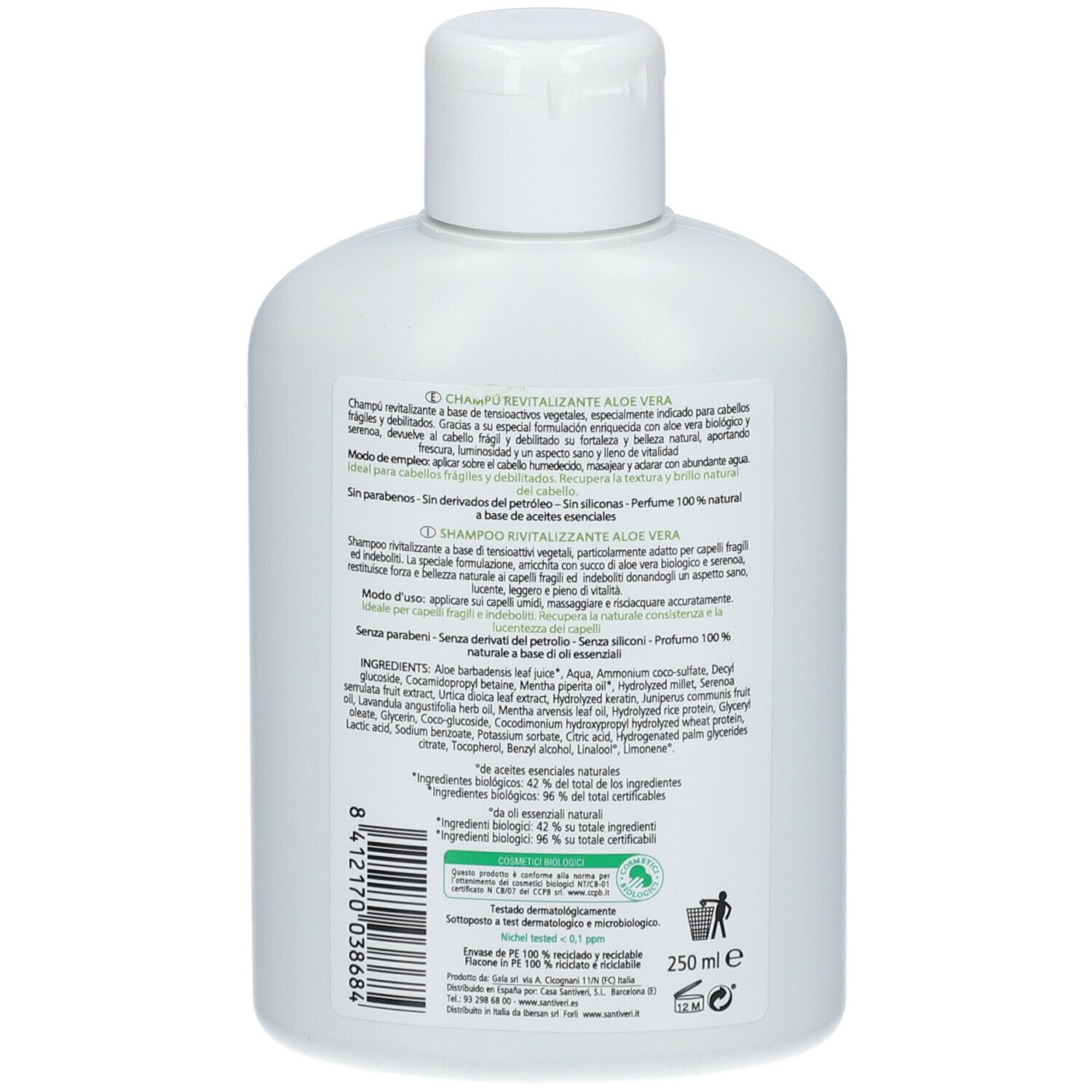 Retro del flacone bianco. Informazioni testuali, ingredienti, sigillo bio, 250 ml. Simbolo di riciclaggio.