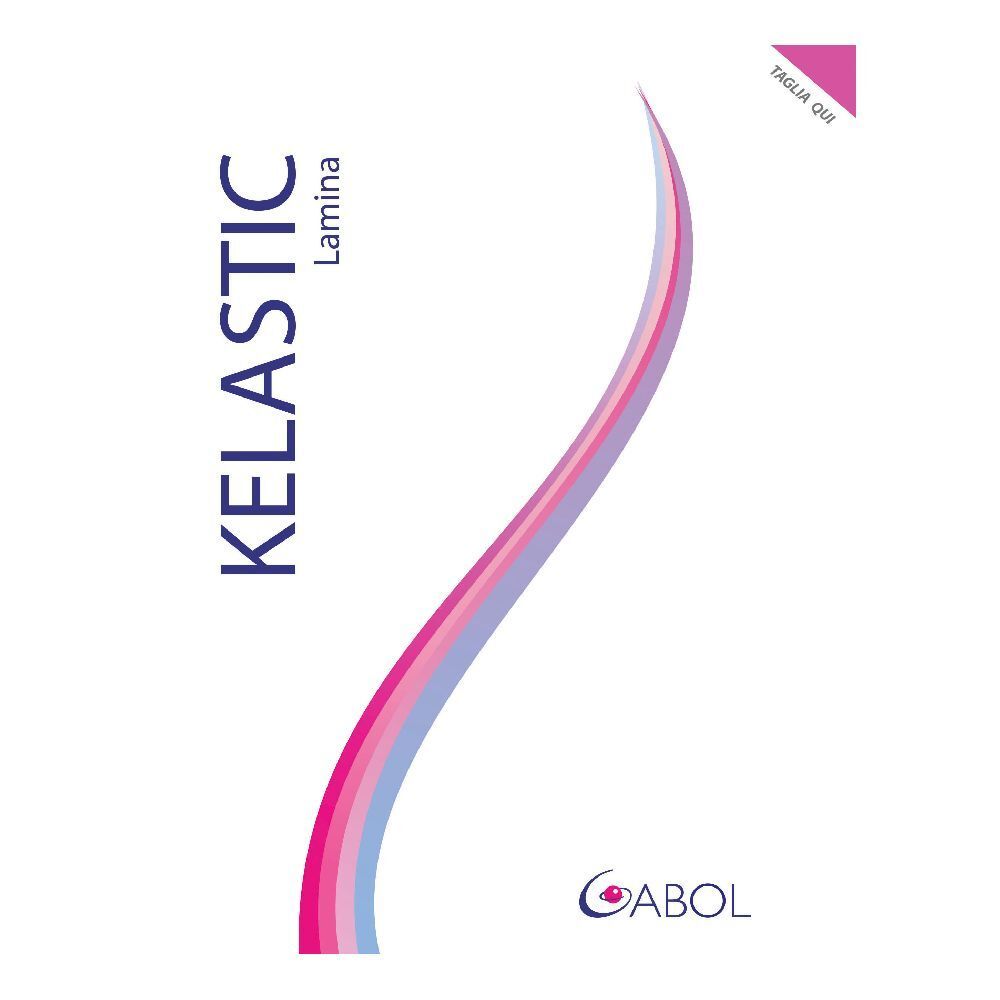 Confezione KELASTIC Lamina. Linee curve colorate. Testo « TAGLIA QUI ». Logo ABOL.