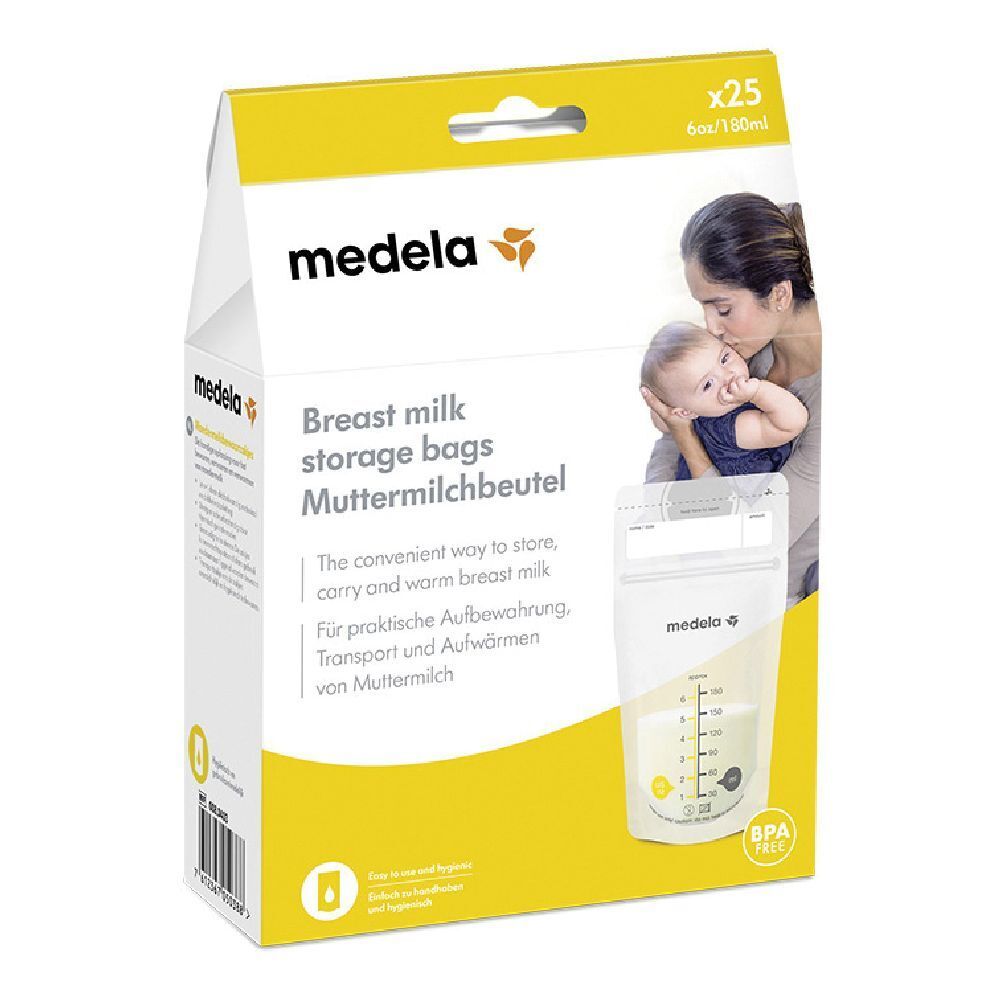 Confezione di sacche per la conservazione del latte materno Medela. Contiene 25 sacche. Scritto: Breast milk storage bags. Senza BPA.