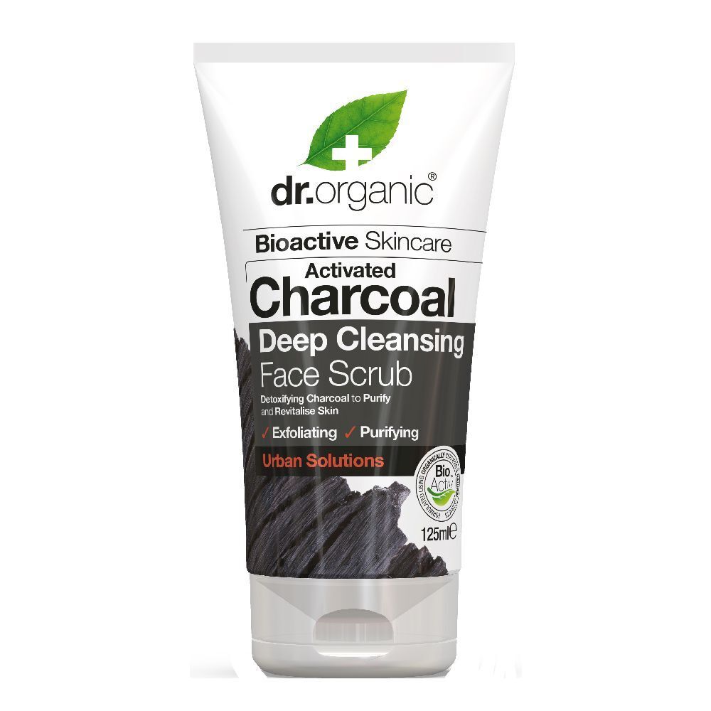 Weisse Tube mit schwarzem Gesichtspeeling. Aufschrift: Dr. Organic, Charcoal, Deep Cleansing Face Scrub. Bio-Siegel.