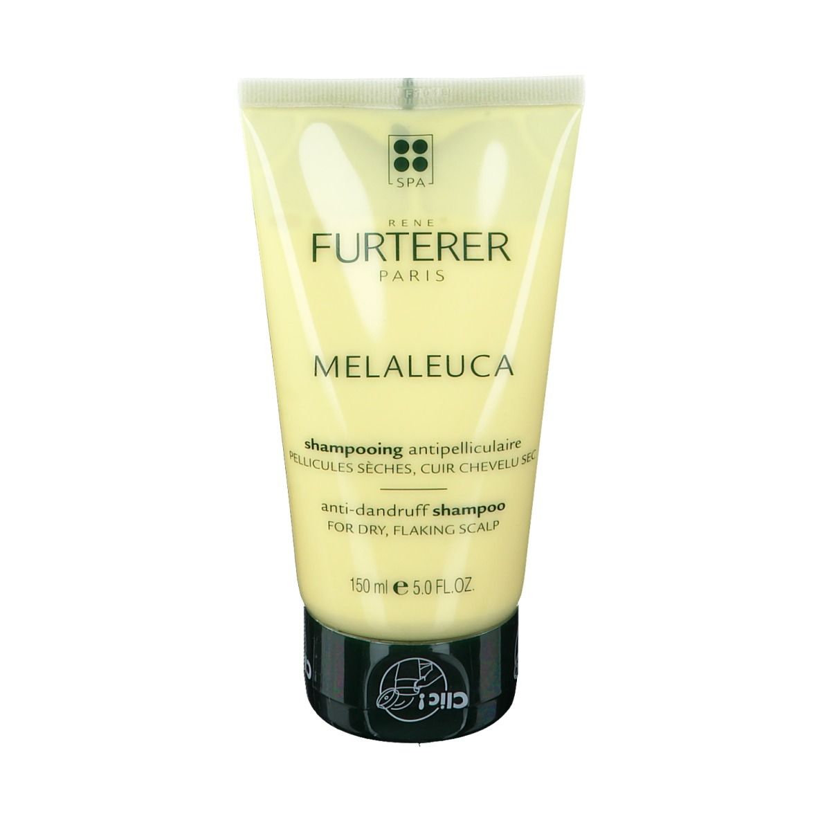 Tube jaune et bouchon vert. Inscription: RENE FURTERER, MELALEUCA, 150 ml, shampooing antipelliculaire.