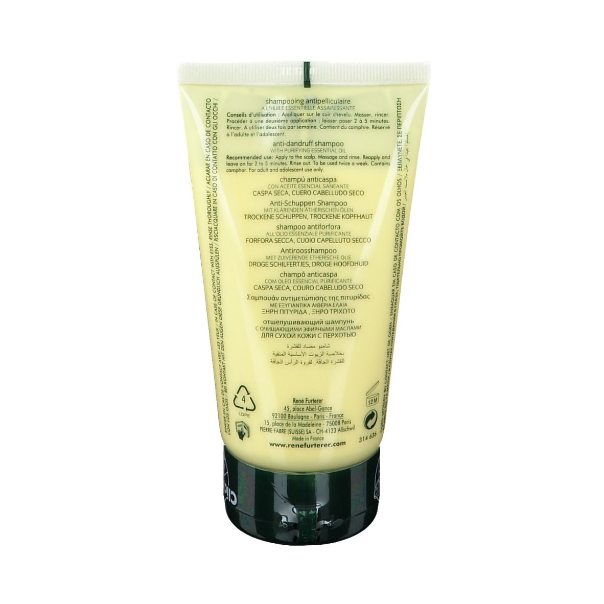 Dos d'un tube jaune avec bouchon vert. Texte multilingue. Informations sur le produit.