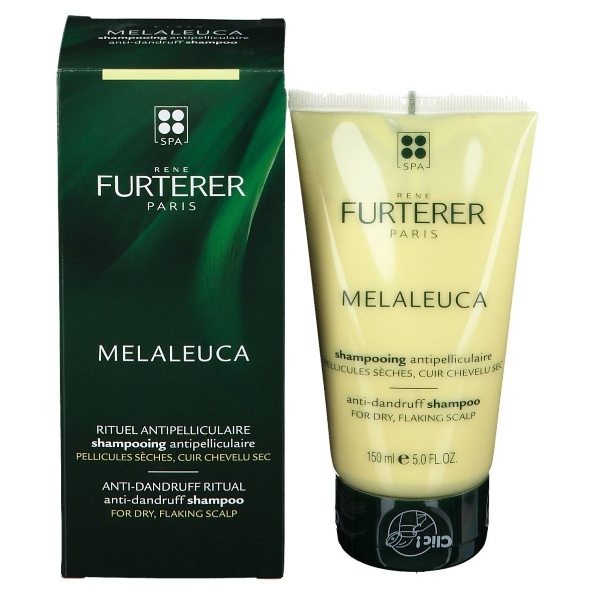 Produit et emballage. Tube jaune et boîte verte. Inscription: RENE FURTERER, MELALEUCA, shampooing.