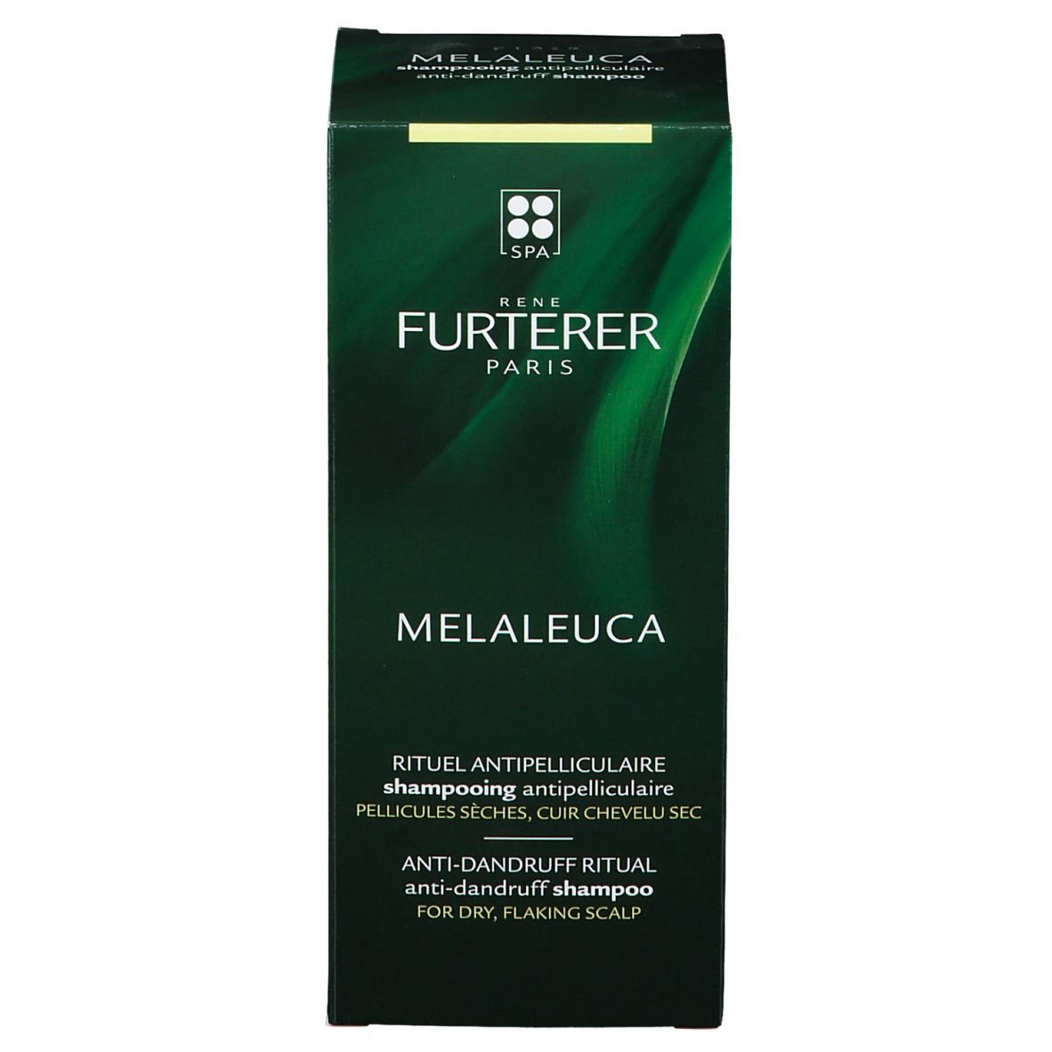Boîte verte. Inscription: MELALEUCA, shampooing antipelliculaire. Texte noir sur fond vert.