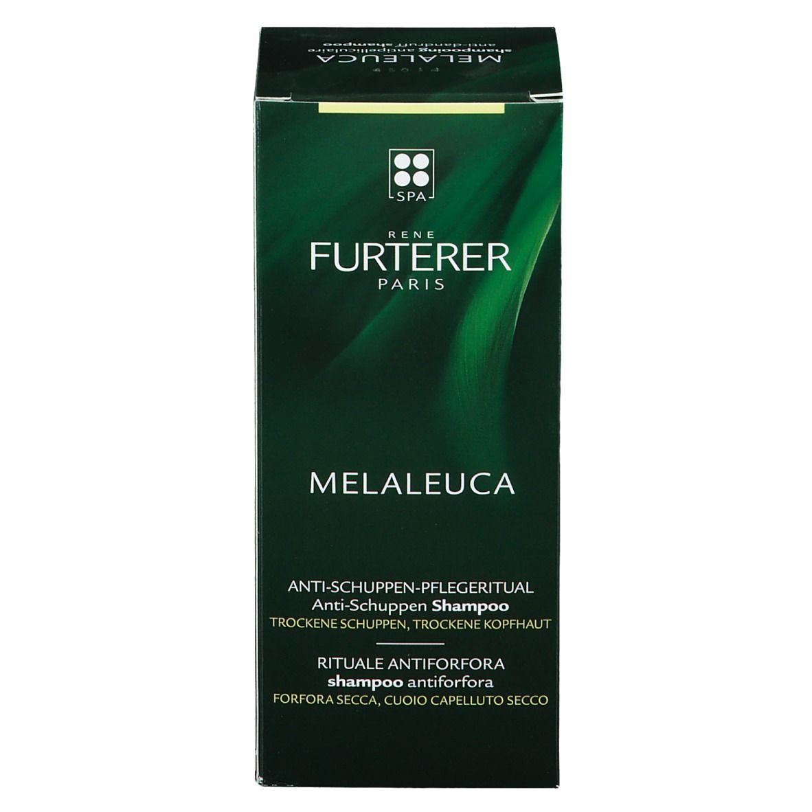 Boîte verte. Inscription: MELALEUCA, shampooing antipelliculaire. Texte noir sur fond vert.