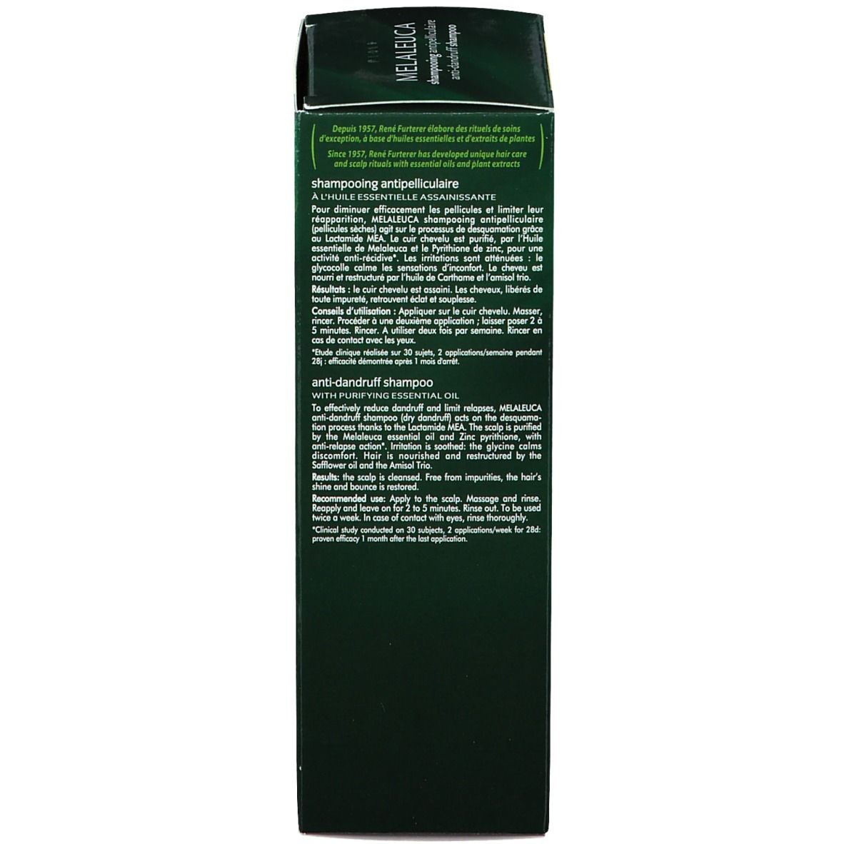 Dos de la boîte verte. Texte multilingue. Informations sur le produit et utilisation.