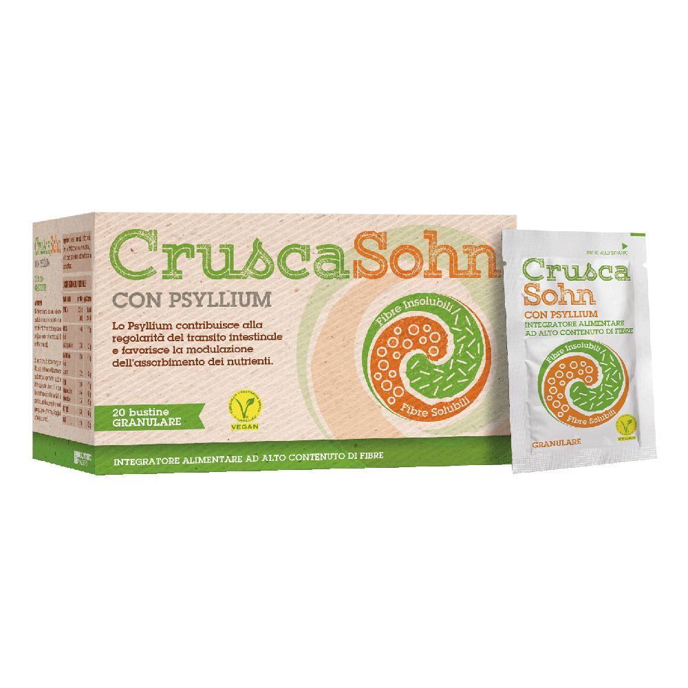Scatola con stampa del prodotto e bustina singola. Testo: Crusca Sohn con Psyllium, 20 bustine, Vegan.