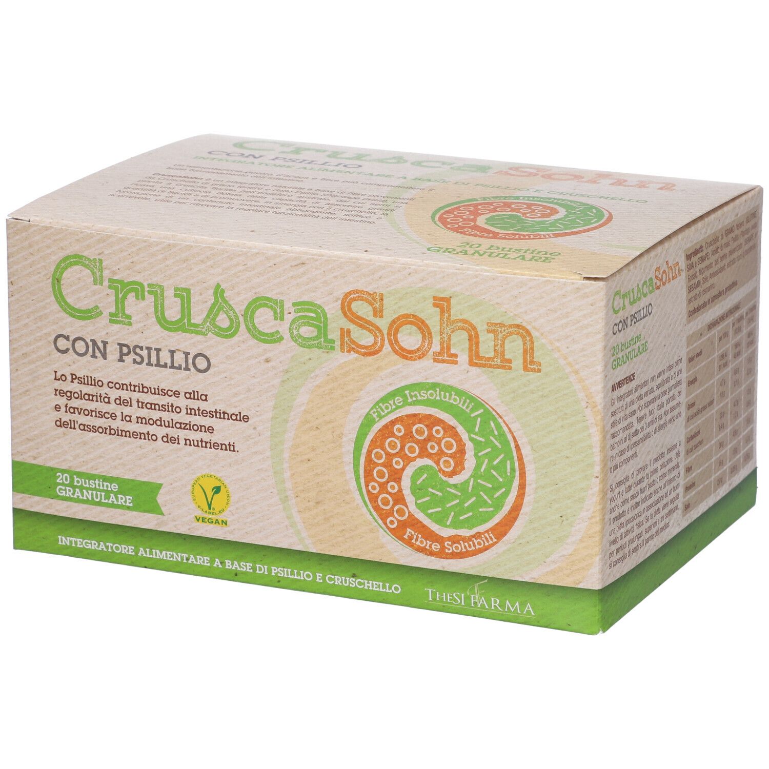 Scatola con stampa del prodotto. Testo: Crusca Sohn con Psyllium. Logo verde e arancione. Sigillo Vegan.