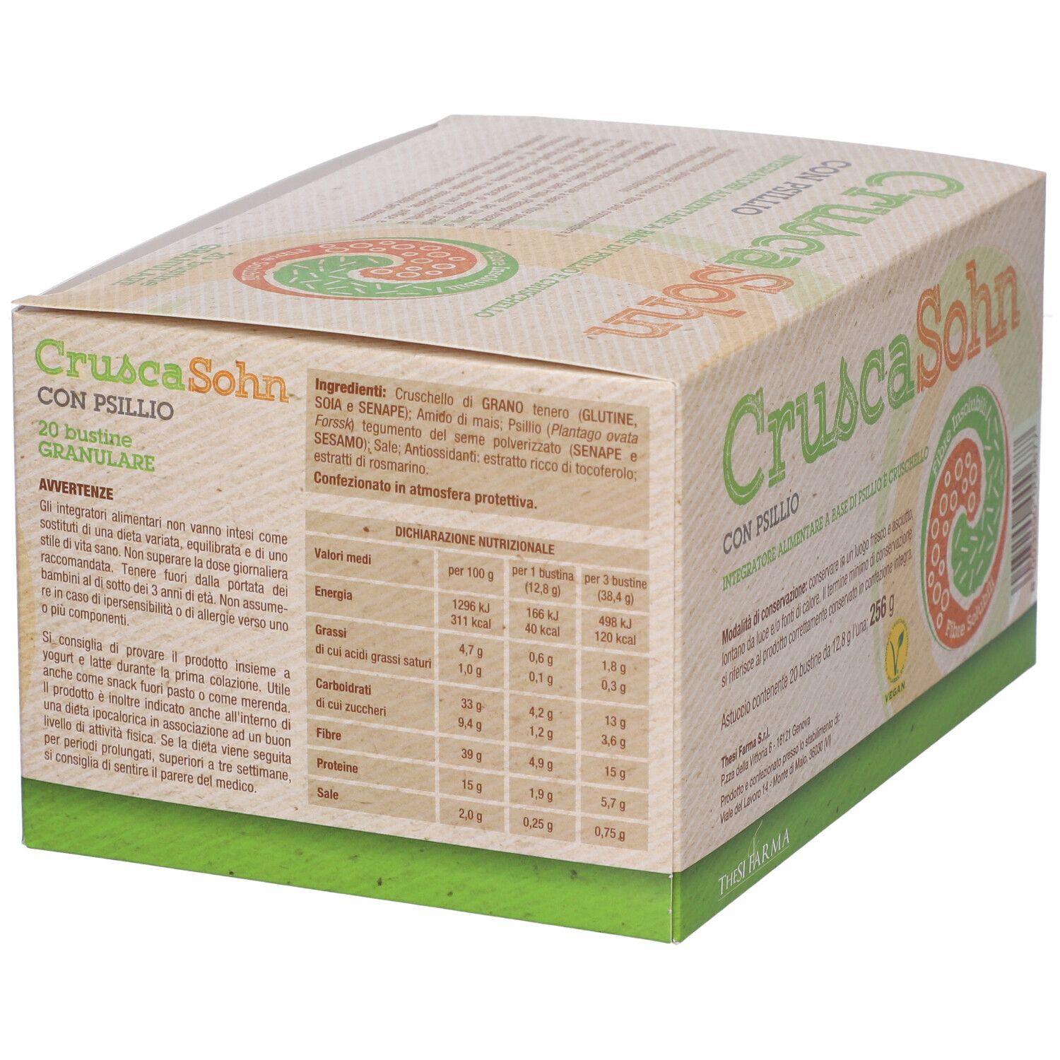 Scatola con stampa del prodotto. Testo: Crusca Sohn con Psyllium. Logo verde e arancione. Sigillo Vegan. Informazioni nutrizionali sul retro.