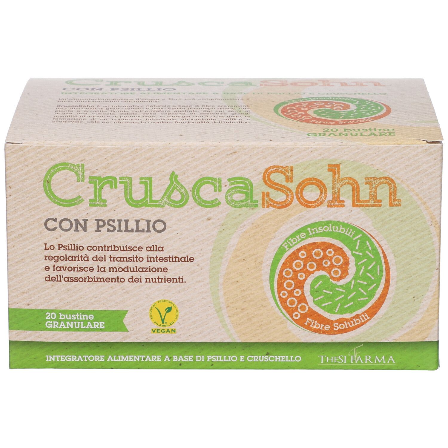 Scatola con stampa del prodotto. Testo: Crusca Sohn con Psyllium. Logo verde e arancione. Sigillo Vegan. 20 bustine.