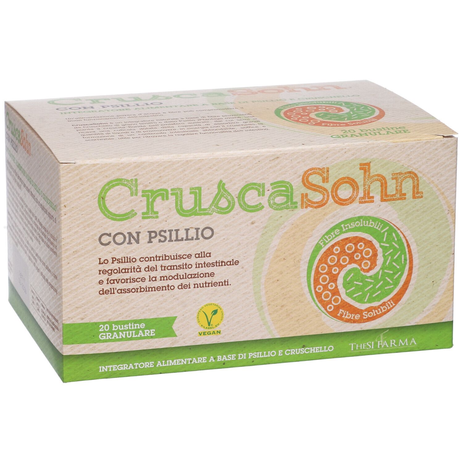 Scatola con stampa del prodotto. Testo: Crusca Sohn con Psyllium. Logo verde e arancione. Sigillo Vegan. 20 bustine.