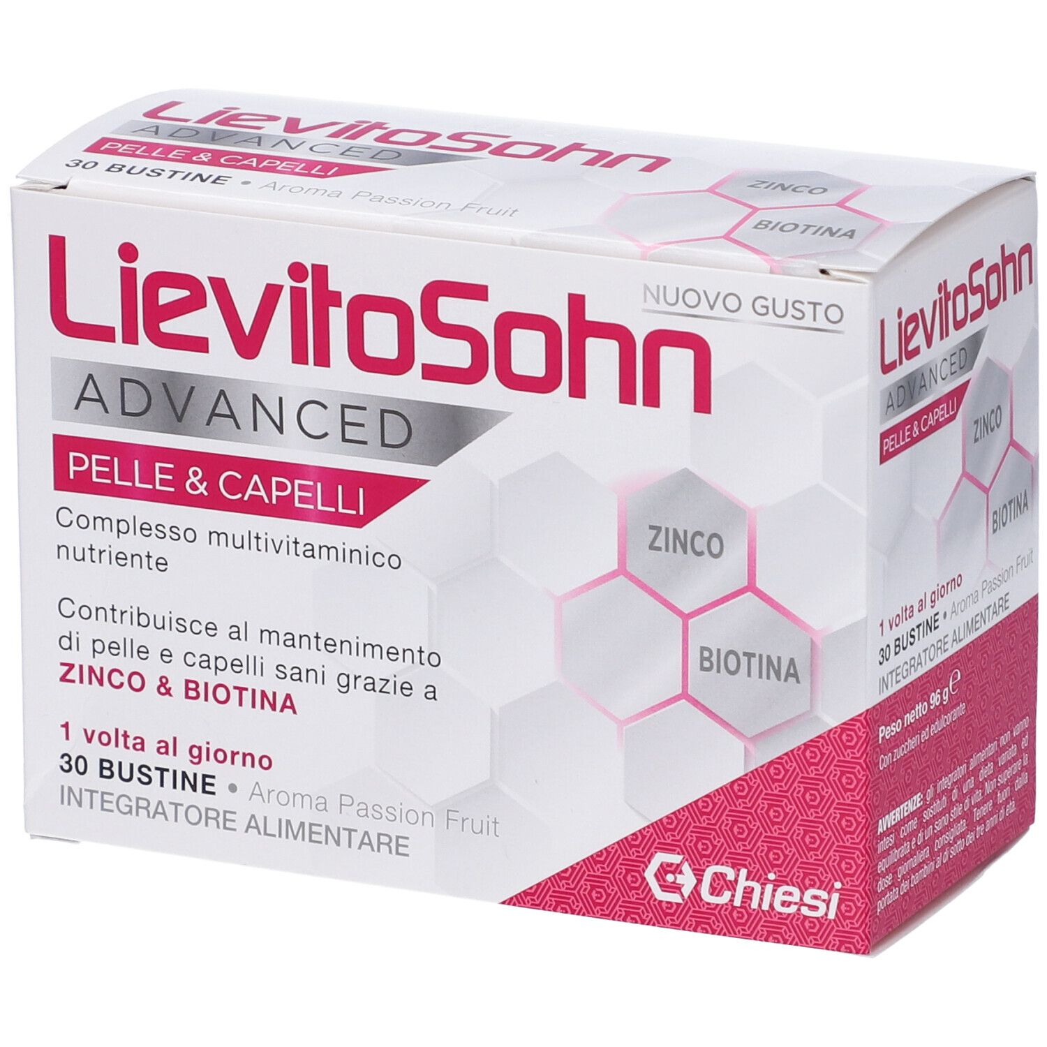 Scatola con nome prodotto e scritta 'ADVANCED PELLE & CAPELLI'. Contiene 30 bustine. Marchio Chiesi.
