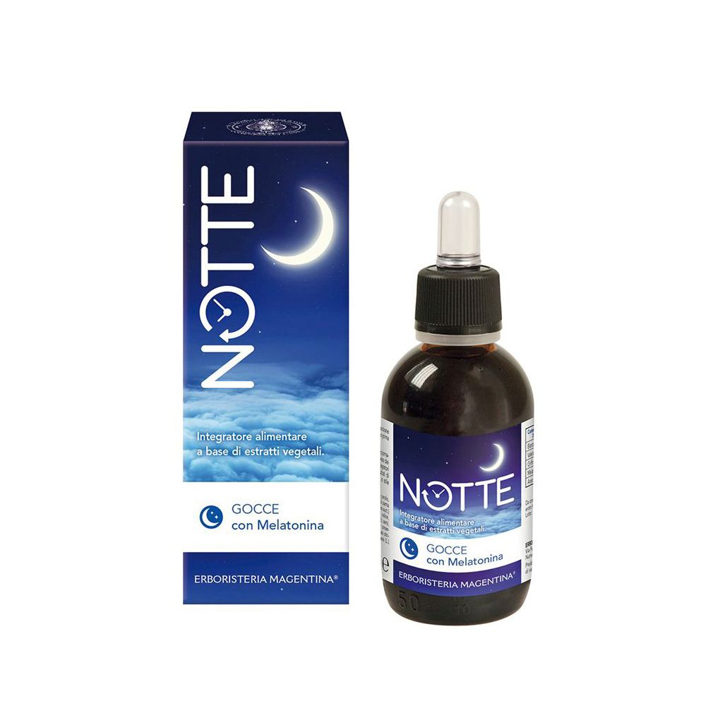 Flacone di vetro marrone con contagocce. Scritta: Notte, Gocce con Melatonina. Con confezione.