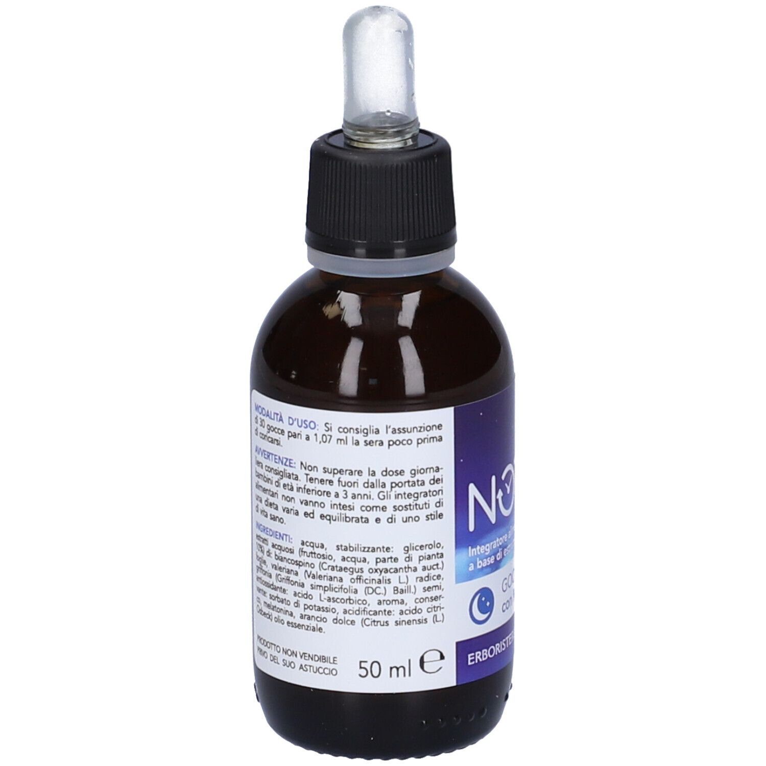 Flacone di vetro marrone con contagocce. Scritta: Notte, Gocce con Melatonina. Retro con ingredienti.