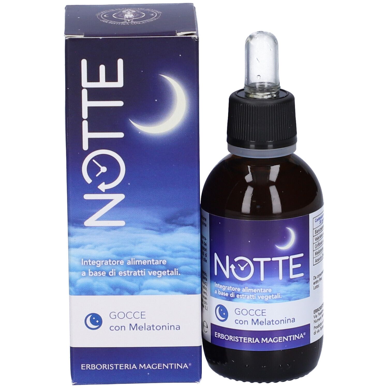 Confezione e flacone. Scritta: Notte, Gocce con Melatonina. Motivo luna e stelle.