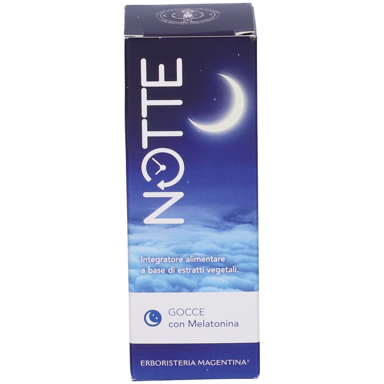 Confezione del prodotto. Scritta: Notte, Gocce con Melatonina. Motivo luna e stelle.