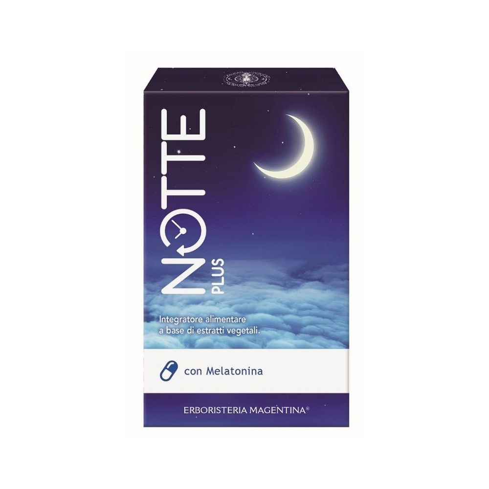Scatola prodotto. Testo: Notte Plus, luna, melatonina. Marchio: Erboristeria Magentina.