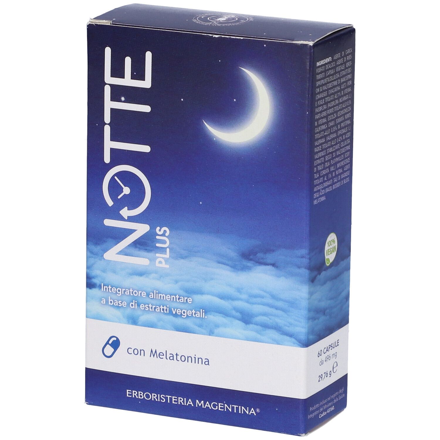 Confezione prodotto. Testo: Notte Plus, luna, melatonina. Marchio: Erboristeria Magentina. 60 capsule.
