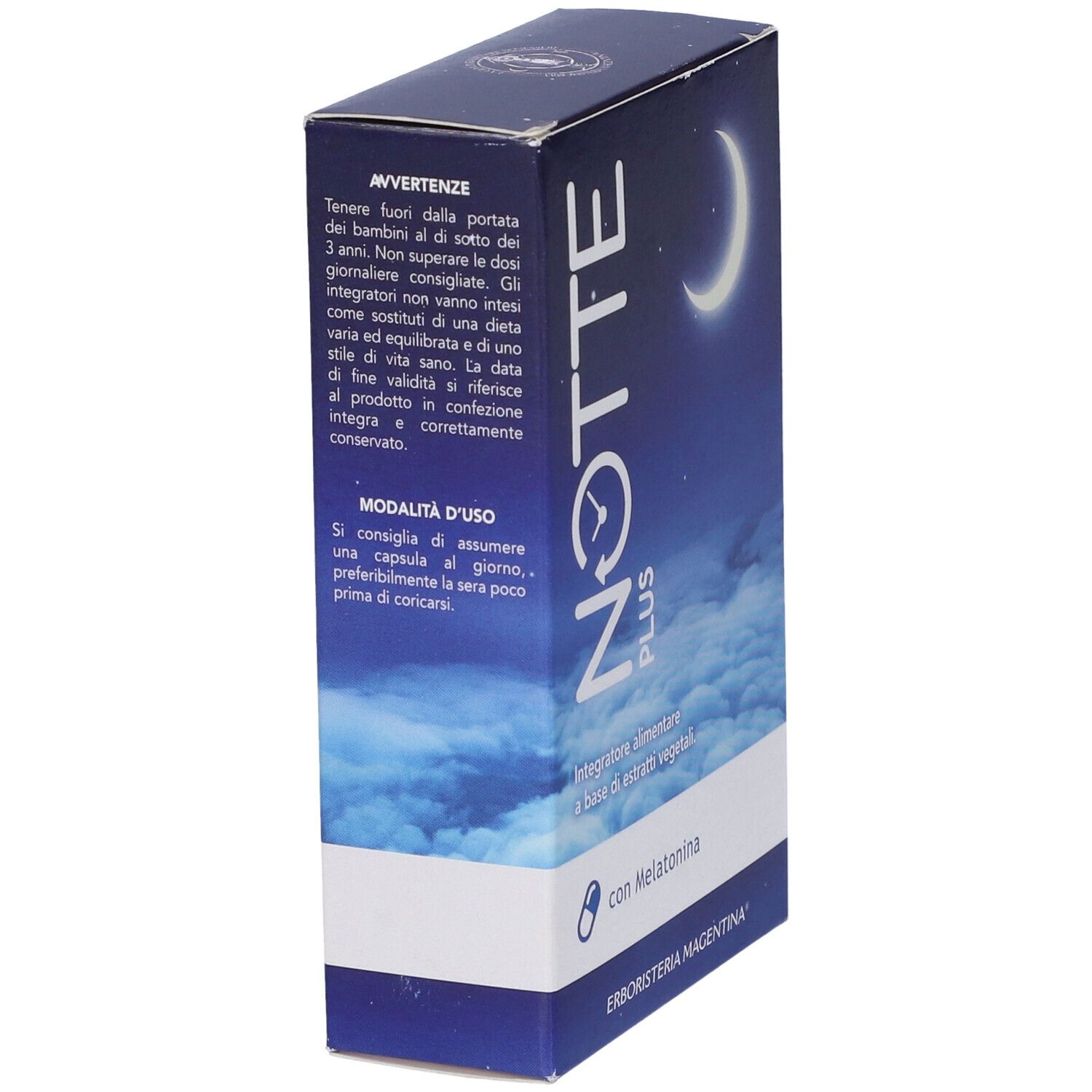 Confezione prodotto. Testo: Notte Plus, luna, melatonina. Marchio: Erboristeria Magentina. Istruzioni per l'uso.