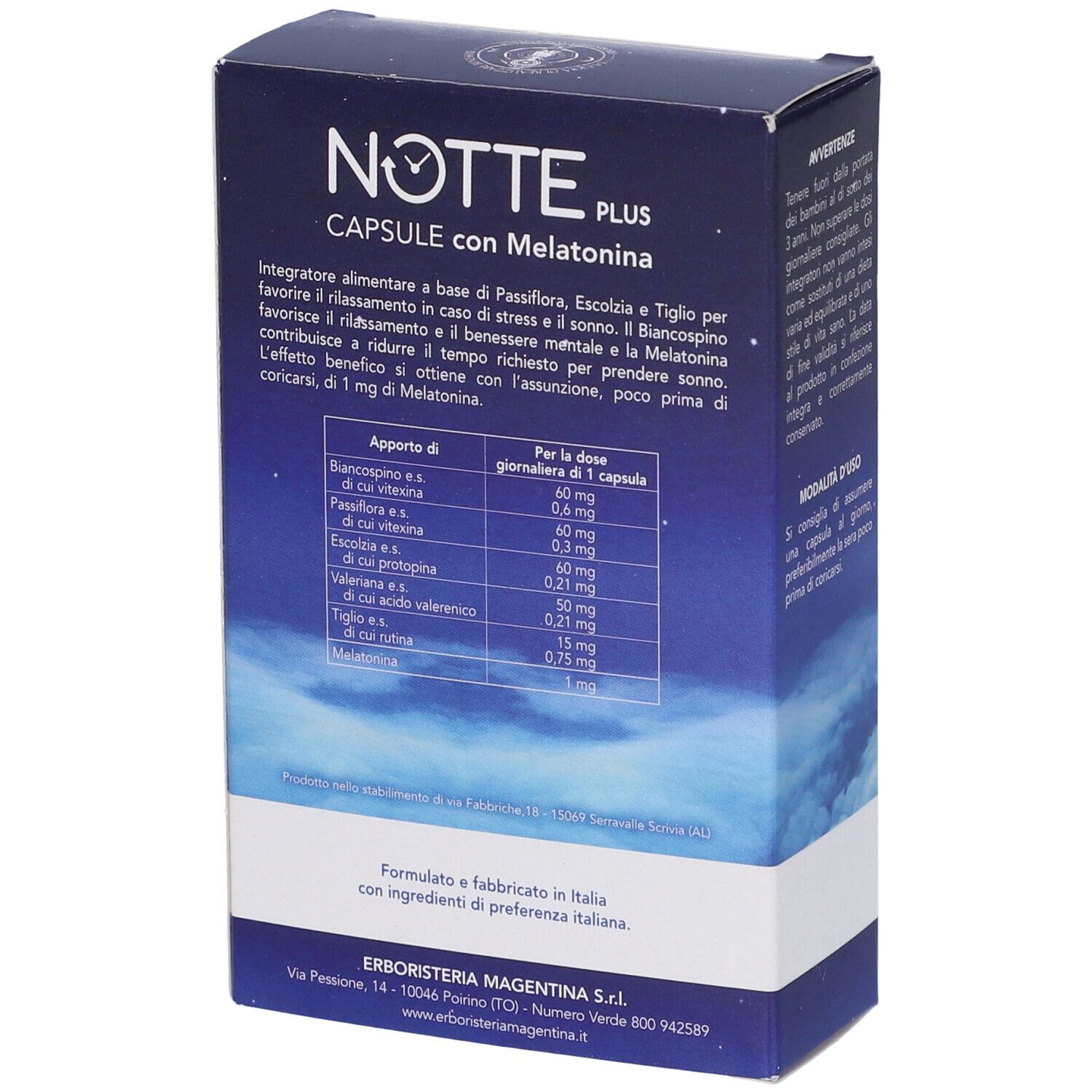 Confezione prodotto. Testo: Notte Plus, luna, melatonina. Marchio: Erboristeria Magentina. Ingredienti e informazioni nutrizionali.