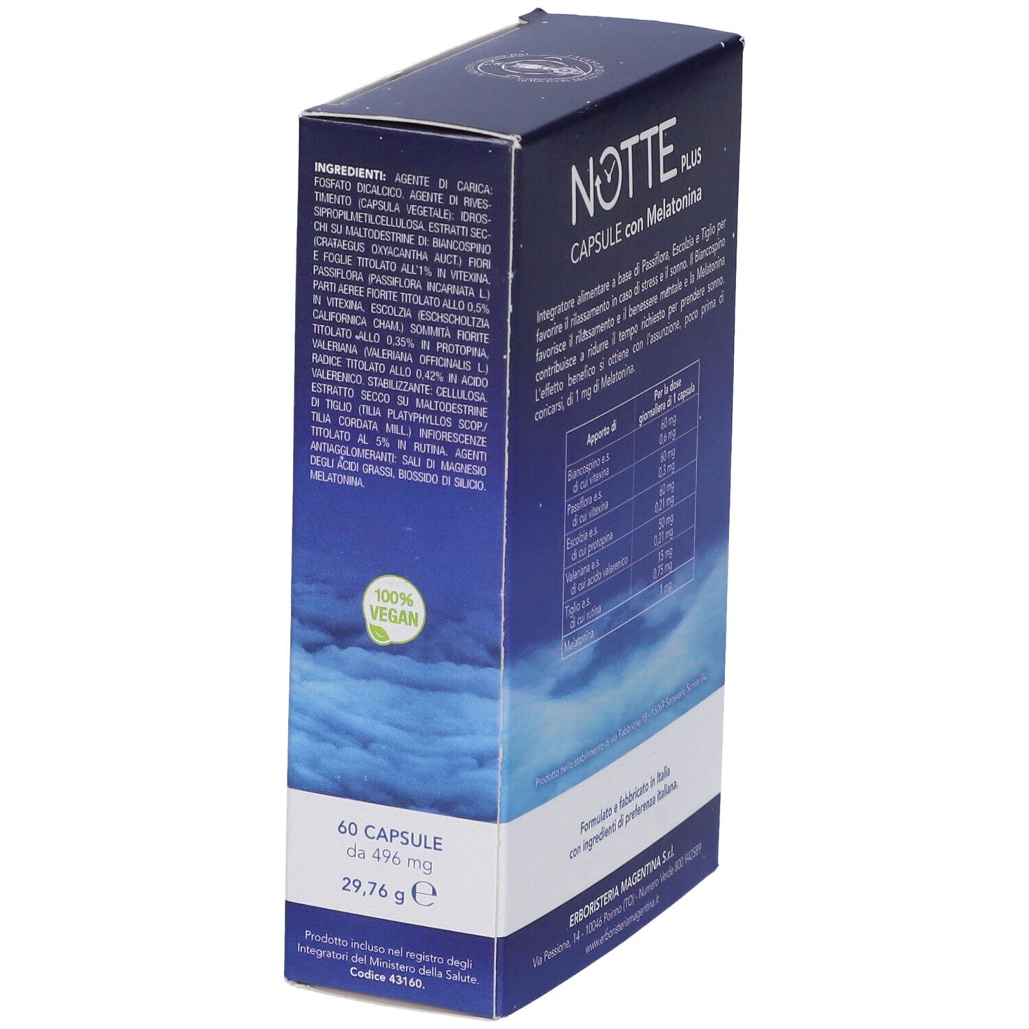 Confezione prodotto. Testo: Notte Plus, luna, melatonina. Marchio: Erboristeria Magentina. Ingredienti e informazioni nutrizionali.