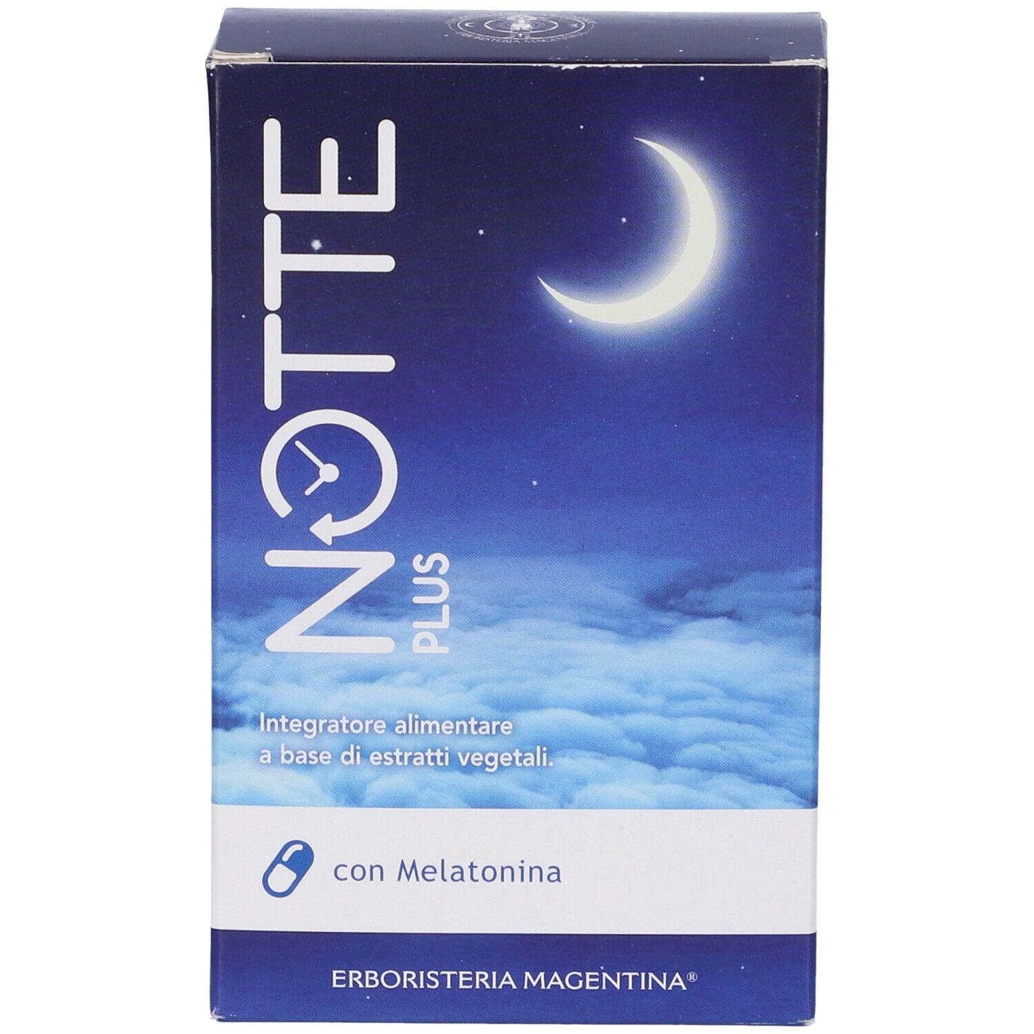 Confezione prodotto. Testo: Notte Plus, luna, melatonina. Marchio: Erboristeria Magentina. 60 capsule.