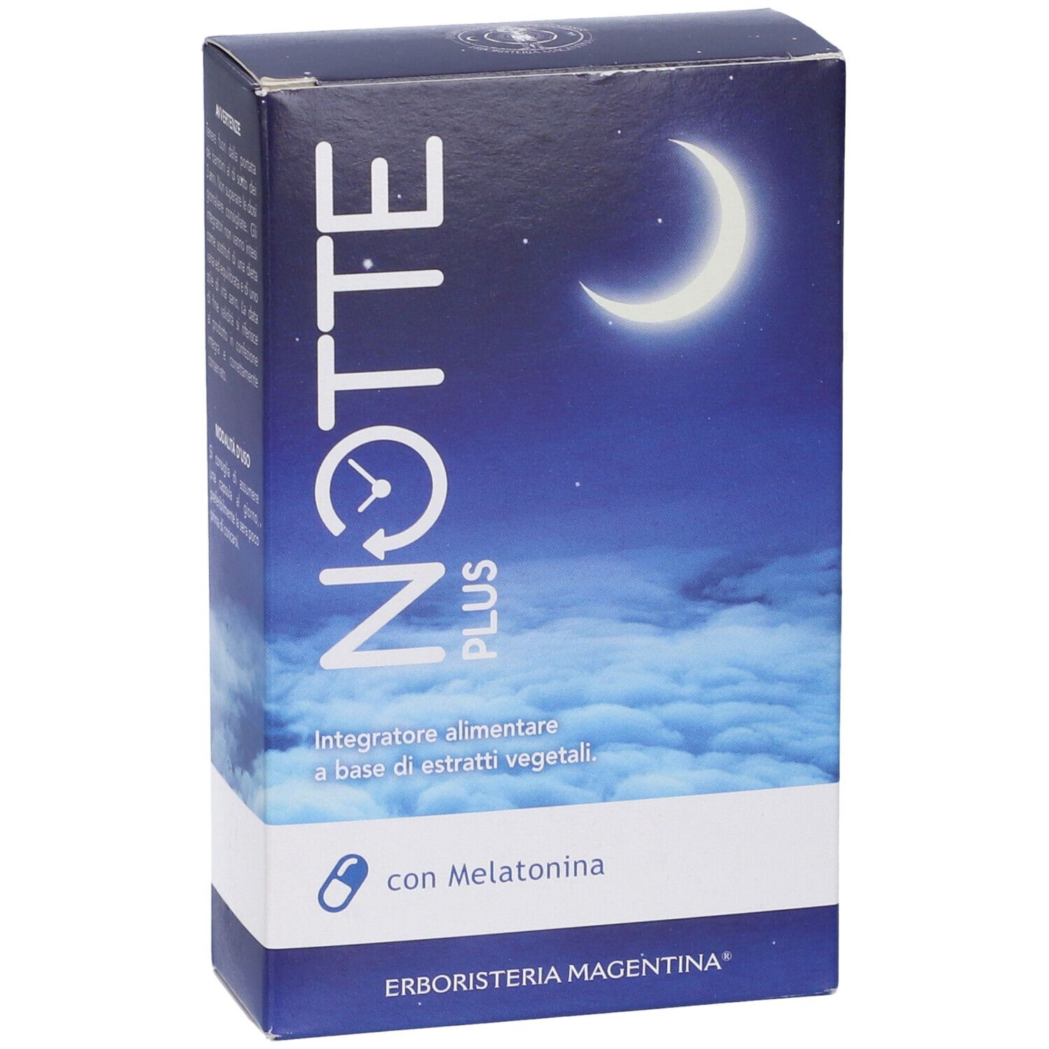 Scatola prodotto. Testo: Notte Plus, luna, melatonina. Marchio: Erboristeria Magentina.