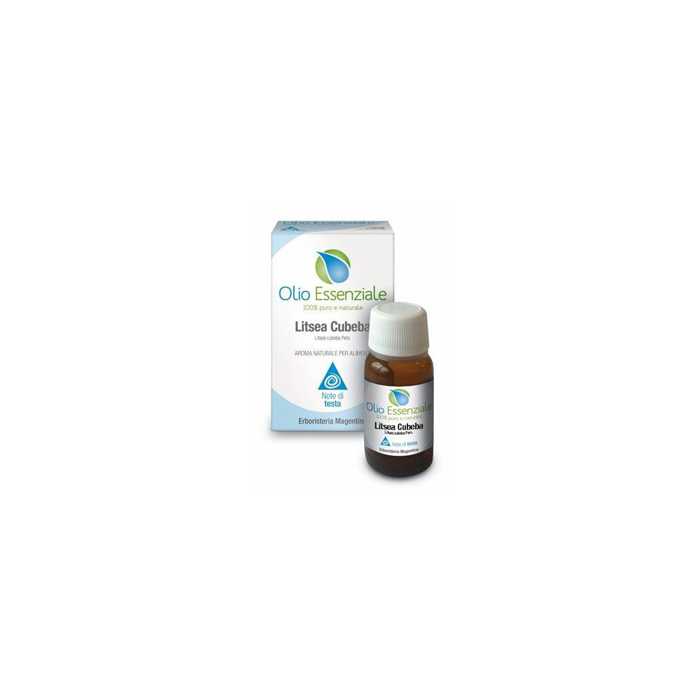 Flacone in vetro marrone con tappo bianco e scatola. Scritta: Olio Essenziale, Litsea Cubeba. Marchio: Erboristeria Magentina.