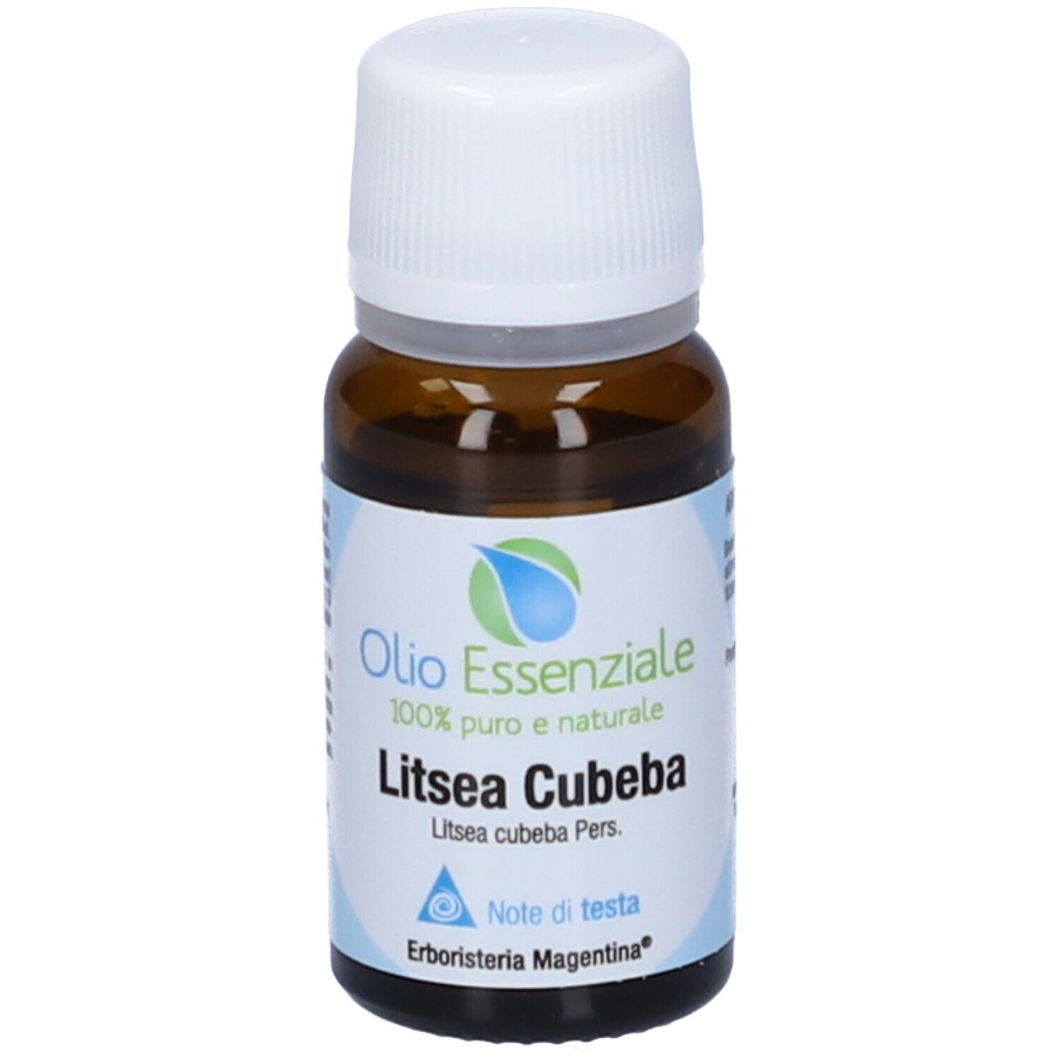 Flacone in vetro marrone con tappo bianco. Scritta: Olio Essenziale, Litsea Cubeba. Marchio: Erboristeria Magentina.