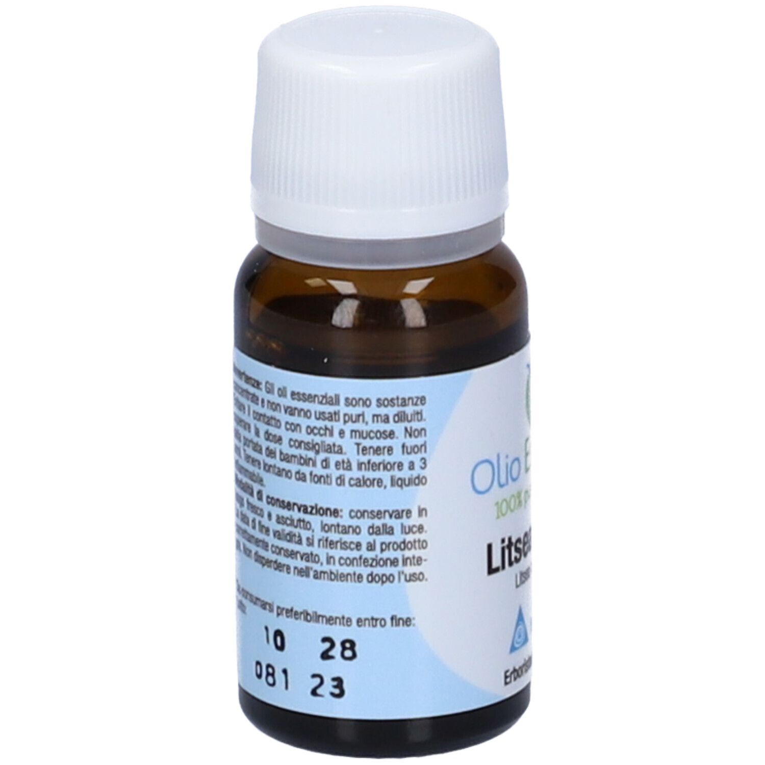 Flacone in vetro marrone con tappo bianco. Scritta: Olio Essenziale, Litsea Cubeba. Marchio: Erboristeria Magentina. Testo sul retro.