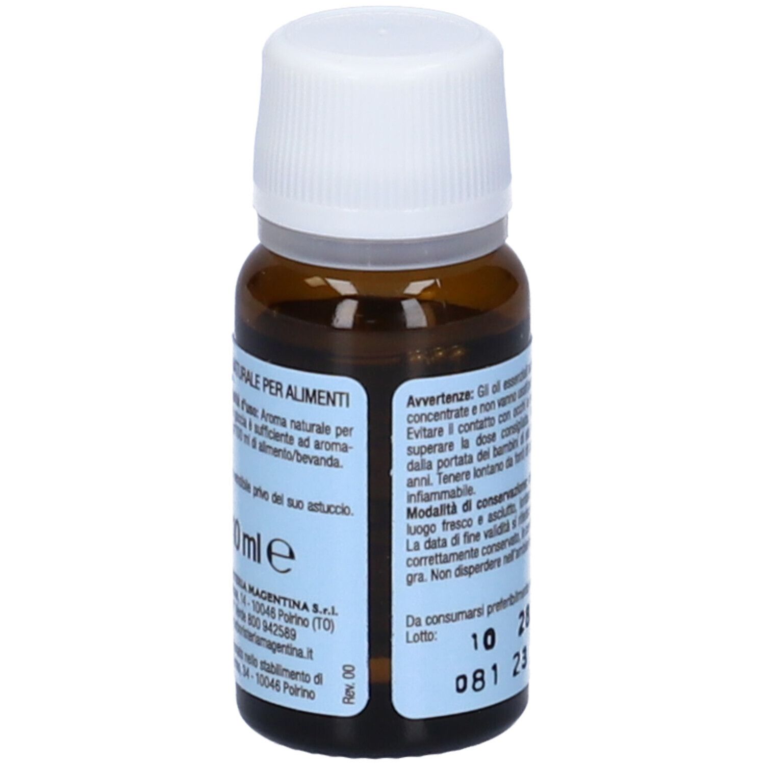 Flacone in vetro marrone con tappo bianco. Scritta: Olio Essenziale, Litsea Cubeba. Marchio: Erboristeria Magentina. Testo sul retro.
