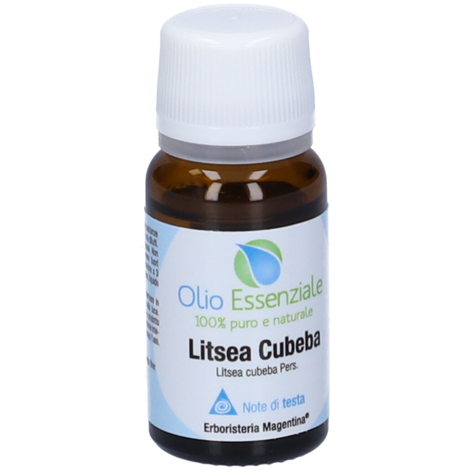 Flacone in vetro marrone con tappo bianco. Scritta: Olio Essenziale, Litsea Cubeba. Marchio: Erboristeria Magentina.