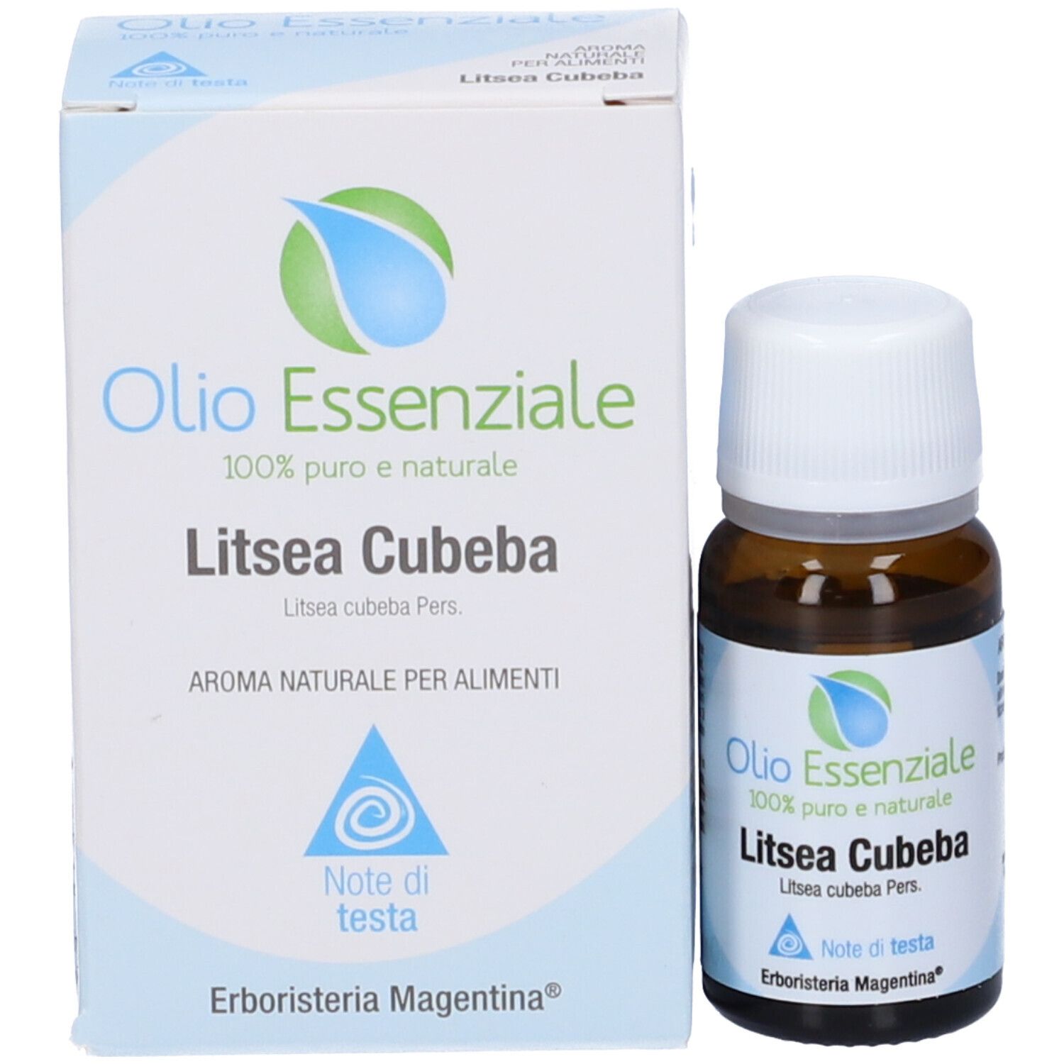 Flacone in vetro marrone con tappo bianco e scatola. Scritta: Olio Essenziale, Litsea Cubeba. Marchio: Erboristeria Magentina.