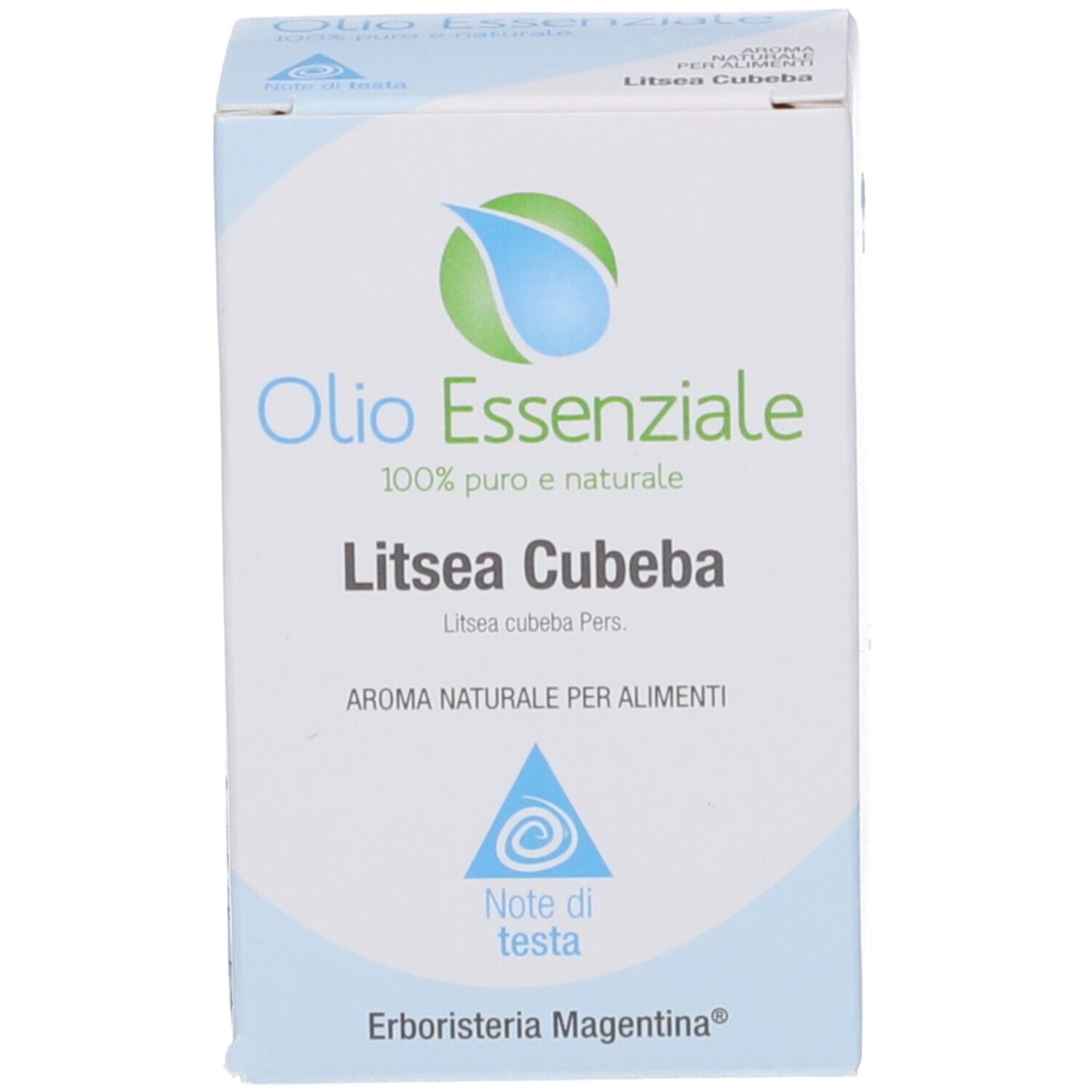 Scatola con scritta: Olio Essenziale, Litsea Cubeba. Marchio: Erboristeria Magentina.