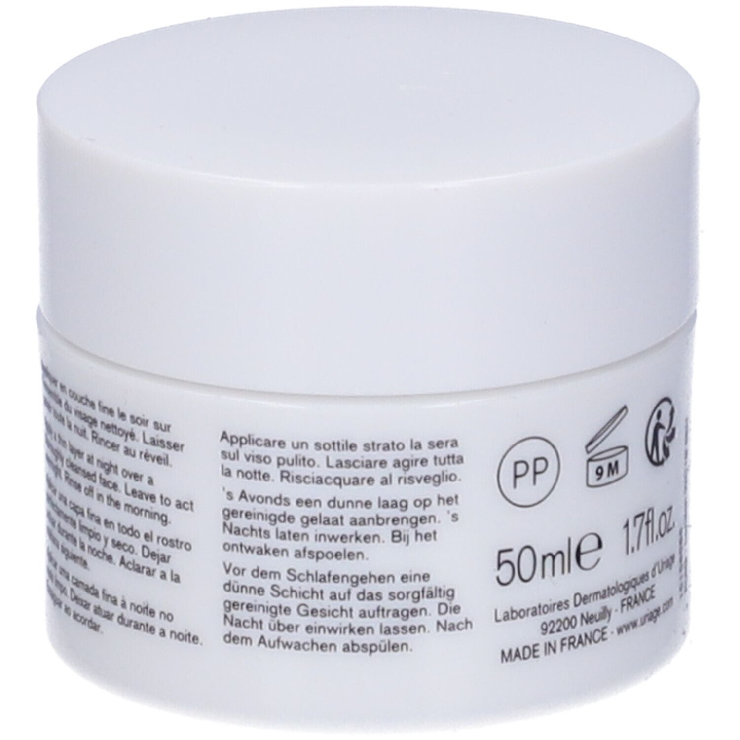 Retro del vasetto bianco. Testo multilingue. Scritta: 50ml, 1.7 fl.oz.