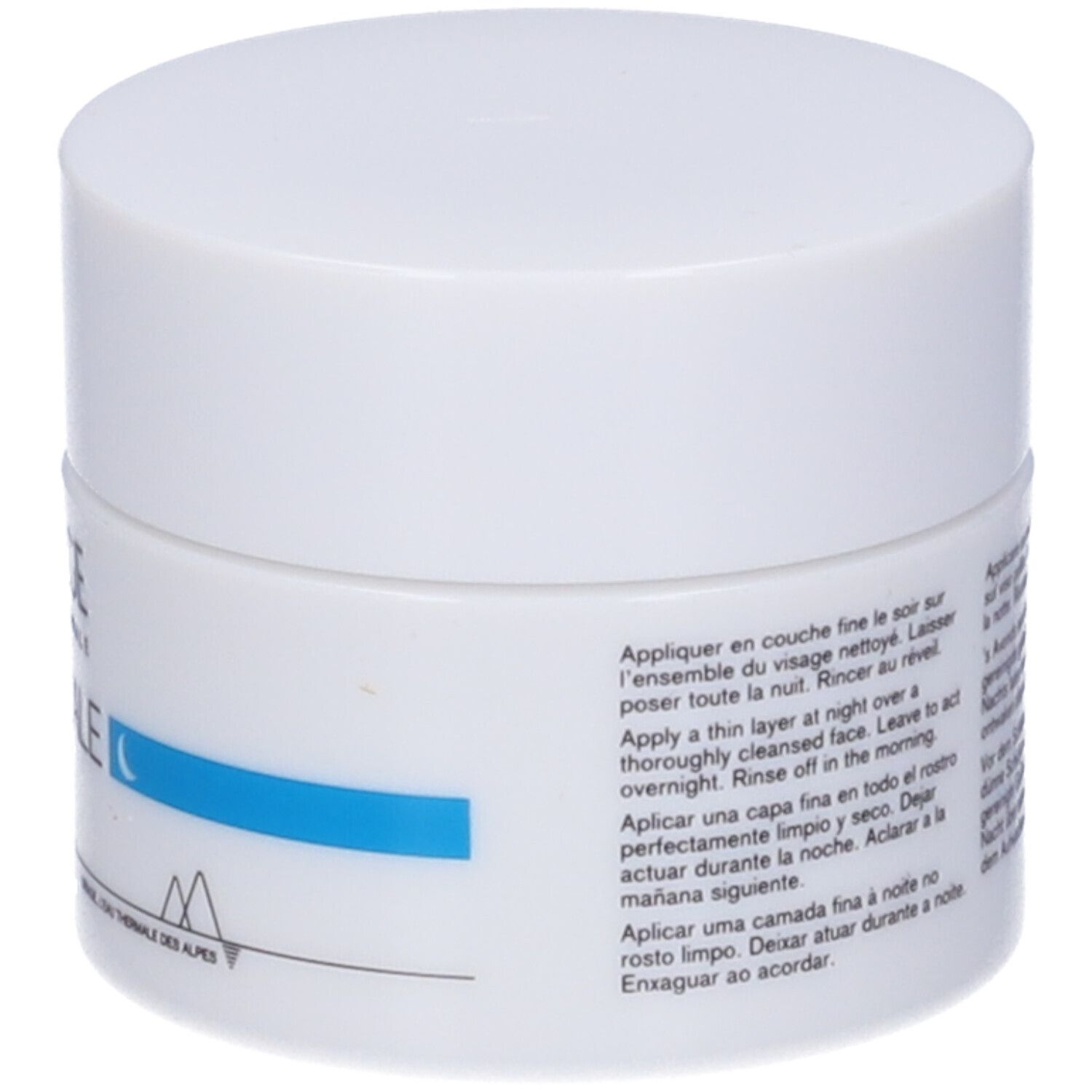 Vasetto bianco con testo blu. Scritta: URIAGE, Eau Thermale, Maschera notte. Simbolo luna.