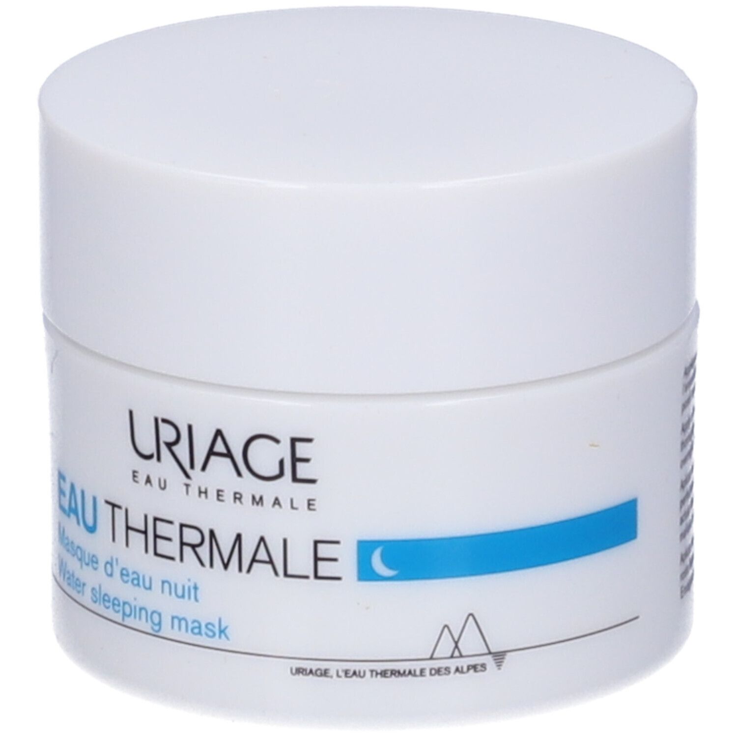 Vasetto bianco con testo blu. Scritta: URIAGE, Eau Thermale, Maschera notte. Simbolo luna.