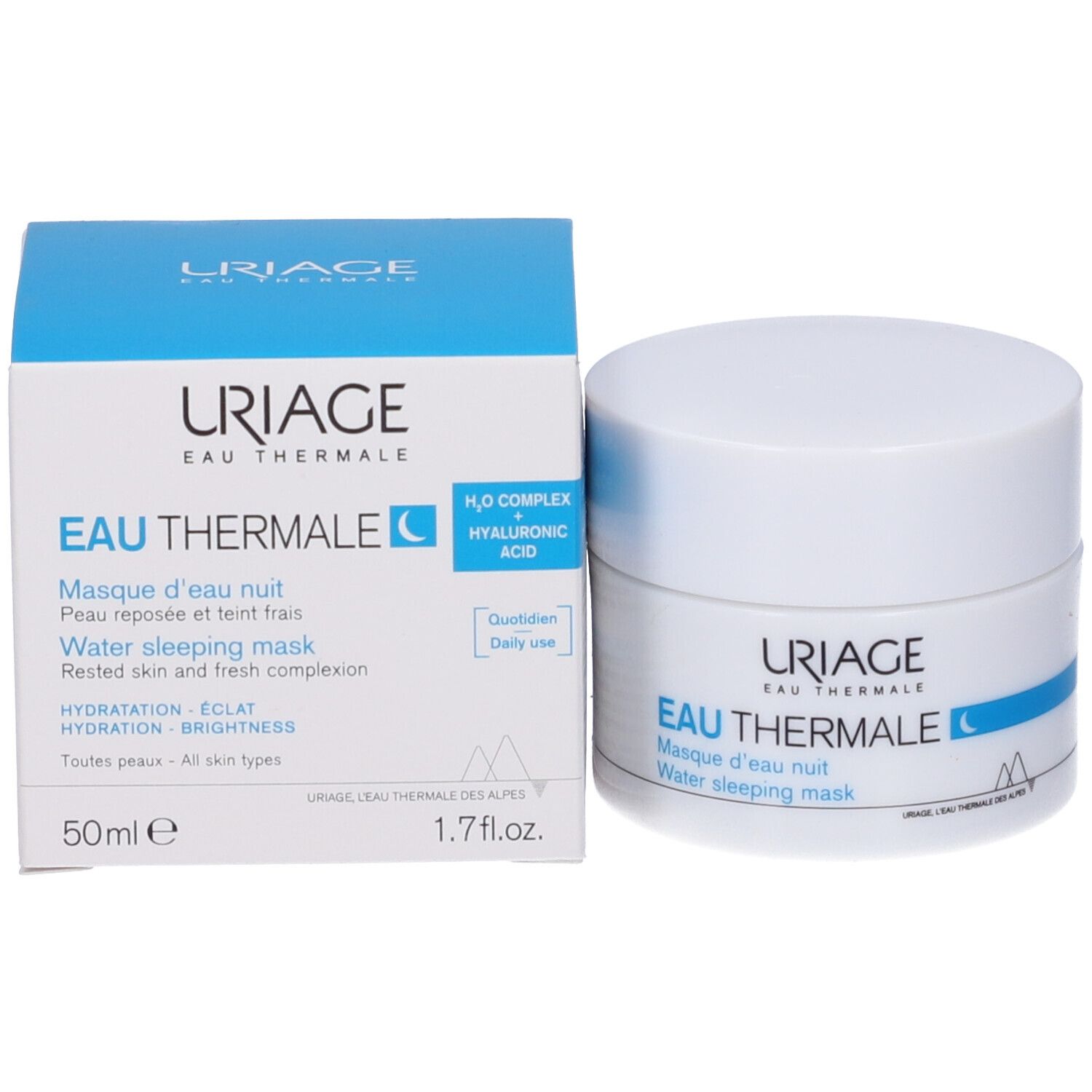 Confezione del prodotto. Scatola con scritta: URIAGE, Eau Thermale, Maschera notte. Simbolo luna.