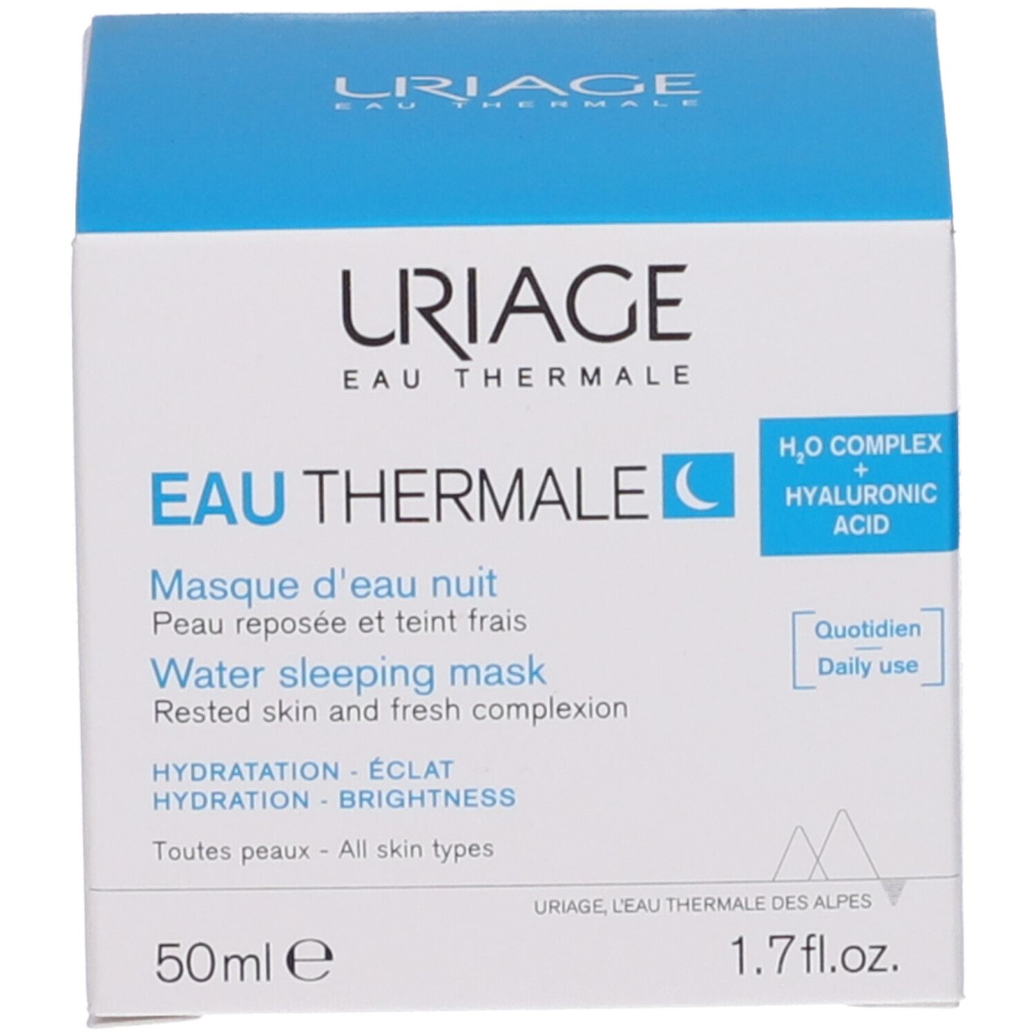 Confezione del prodotto. Scatola con scritta: URIAGE, Eau Thermale, Maschera notte. Simbolo luna.