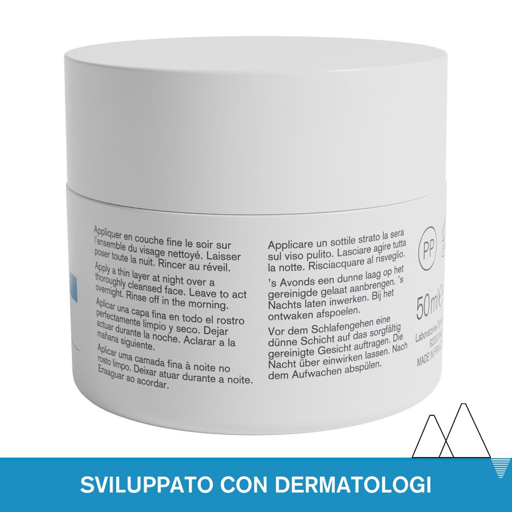 Retro del vasetto bianco. Testo multilingue. Scritta: 50ml, Testato dermatologicamente.