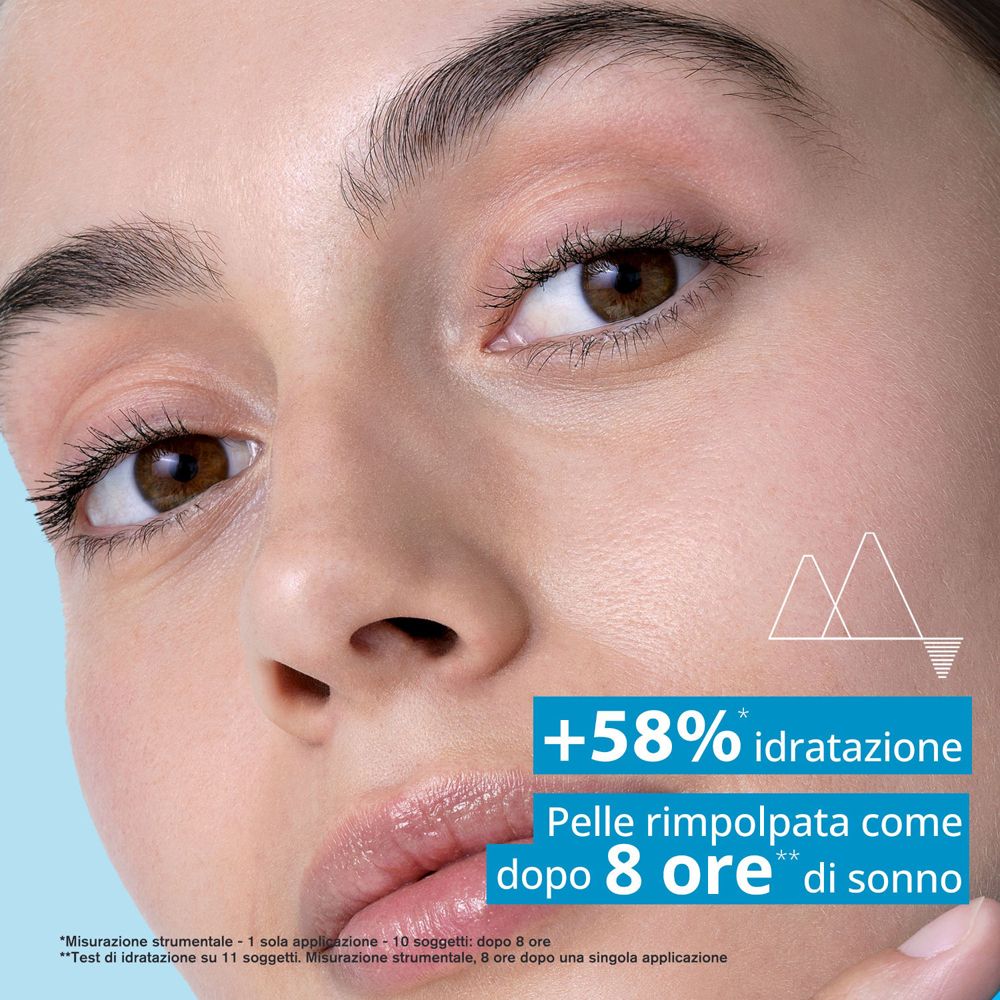 Primo piano di un viso. Testo: +58% idratazione, pelle rimpolpata dopo 8 ore di sonno.