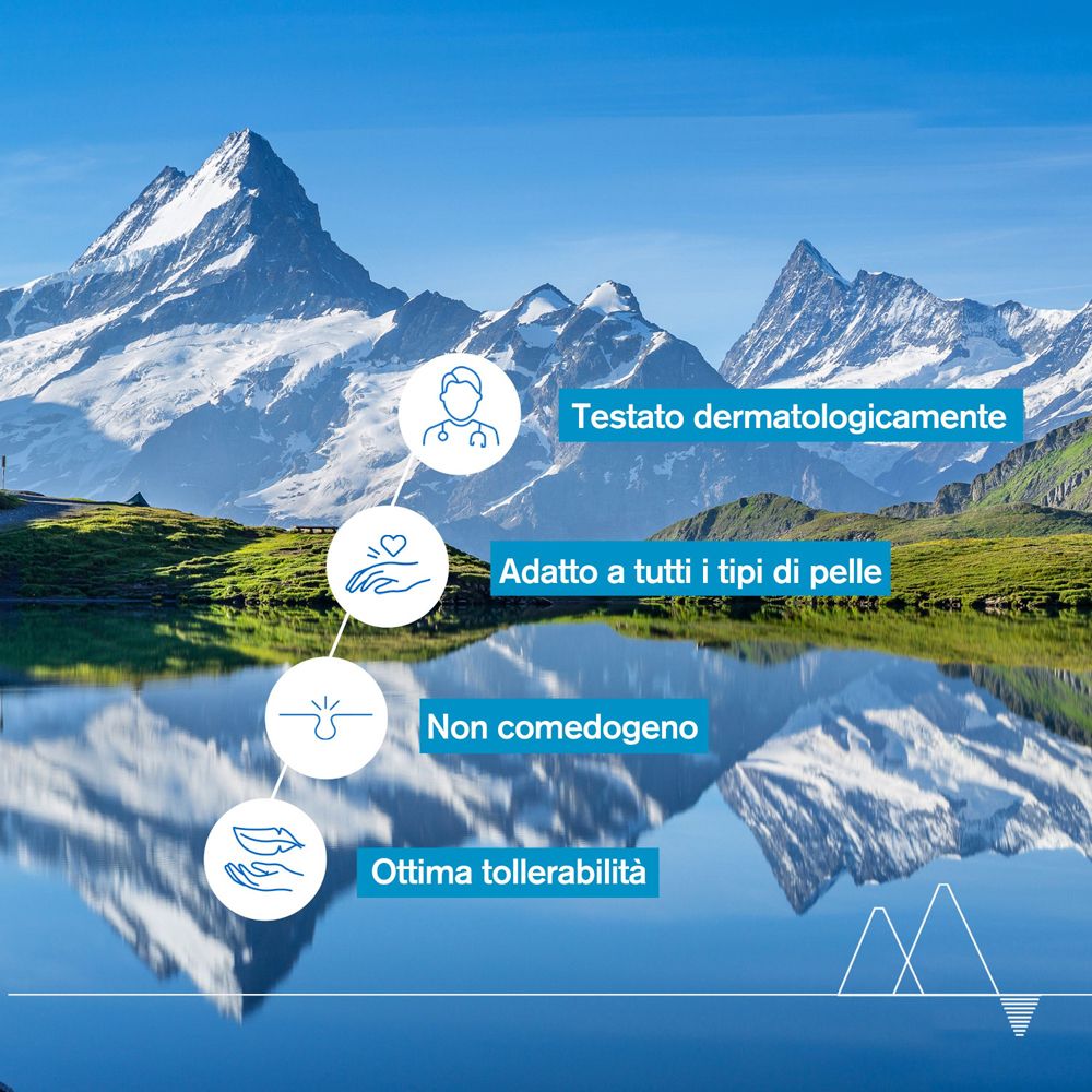 Paesaggio con montagne e lago. Testo: Testato dermatologicamente, adatto a tutti i tipi di pelle, non comedogeno.