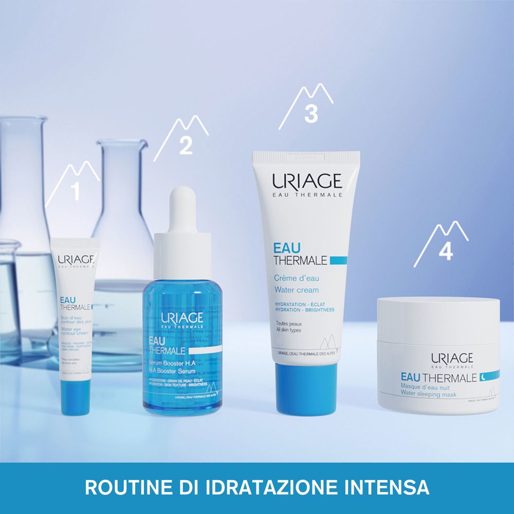 Diversi prodotti Uriage. Testo: Routine di idratazione intensa. Prodotti: Siero, crema, maschera notte.