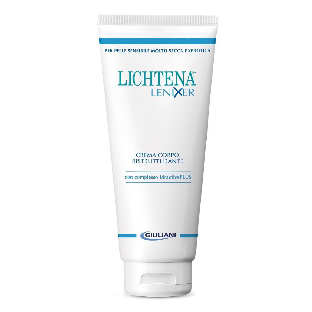 Tubo bianco con testo blu. Contiene LICHTENA® LENIXER crema. Testo: « PER PELLE SENSIBILE MOLTO SECCA E XEROTICA ».