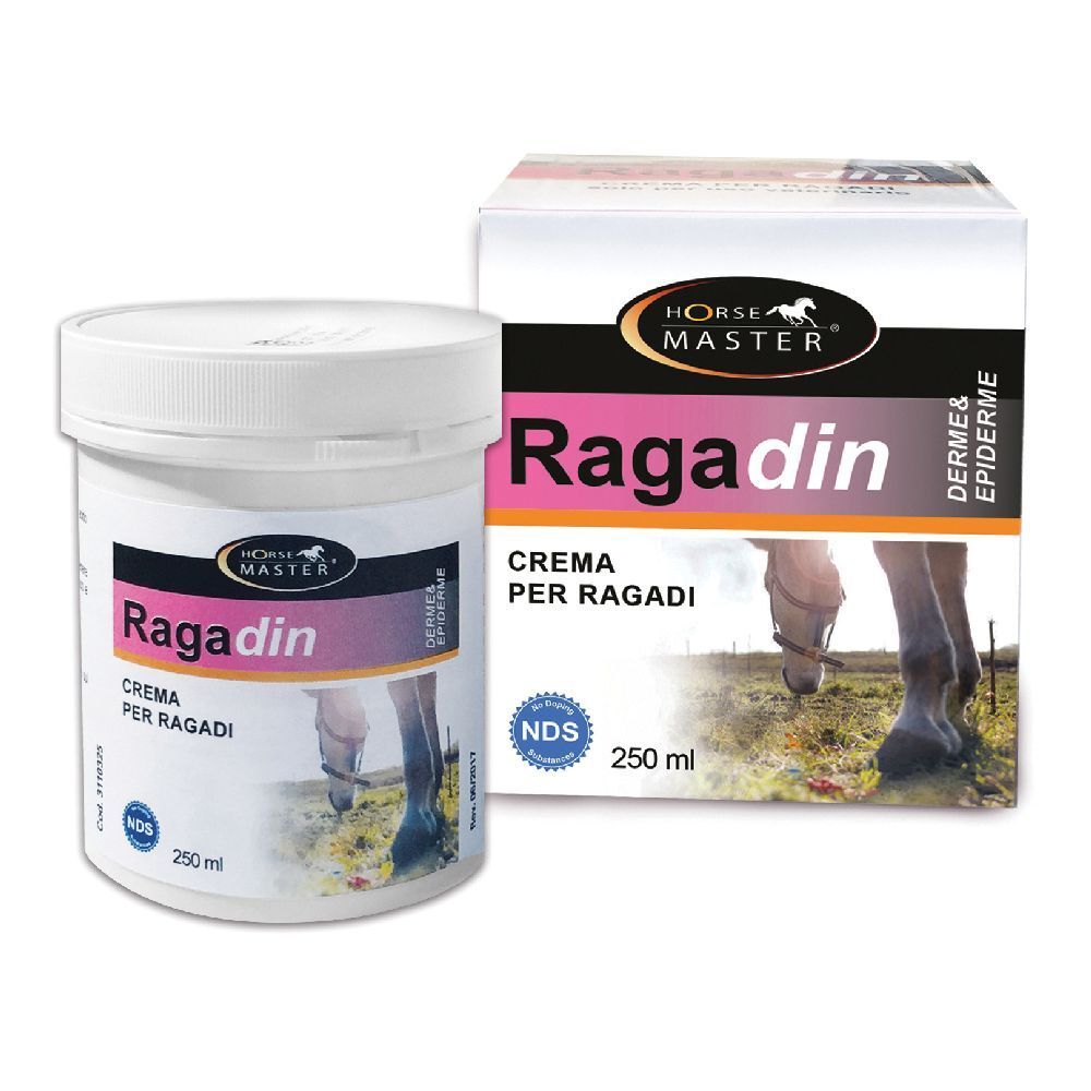 Barattolo e scatola di crema. Scritta Ragadin, Crema per Ragadi. Marchio Horse Master. 250 ml. Con certificazione.